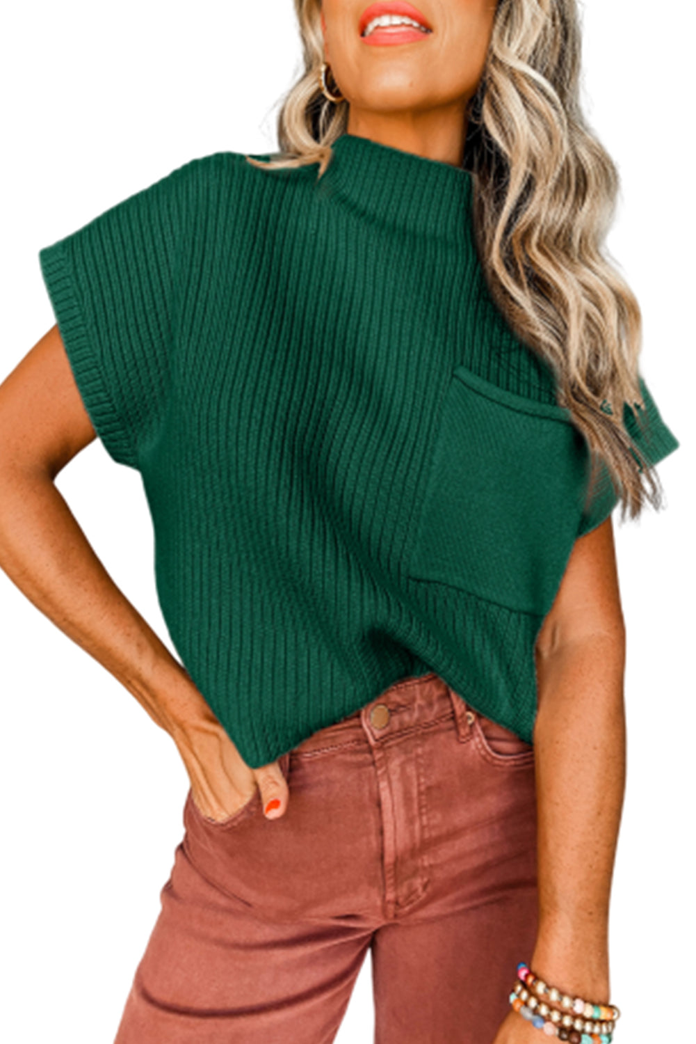 Blackish Green Patch Pocket Ribbed Knit Short Sleeve Sweater