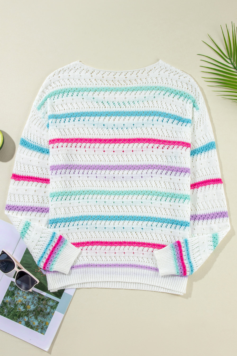 White Striped Hollowed Crochet Loose Fit Sweater