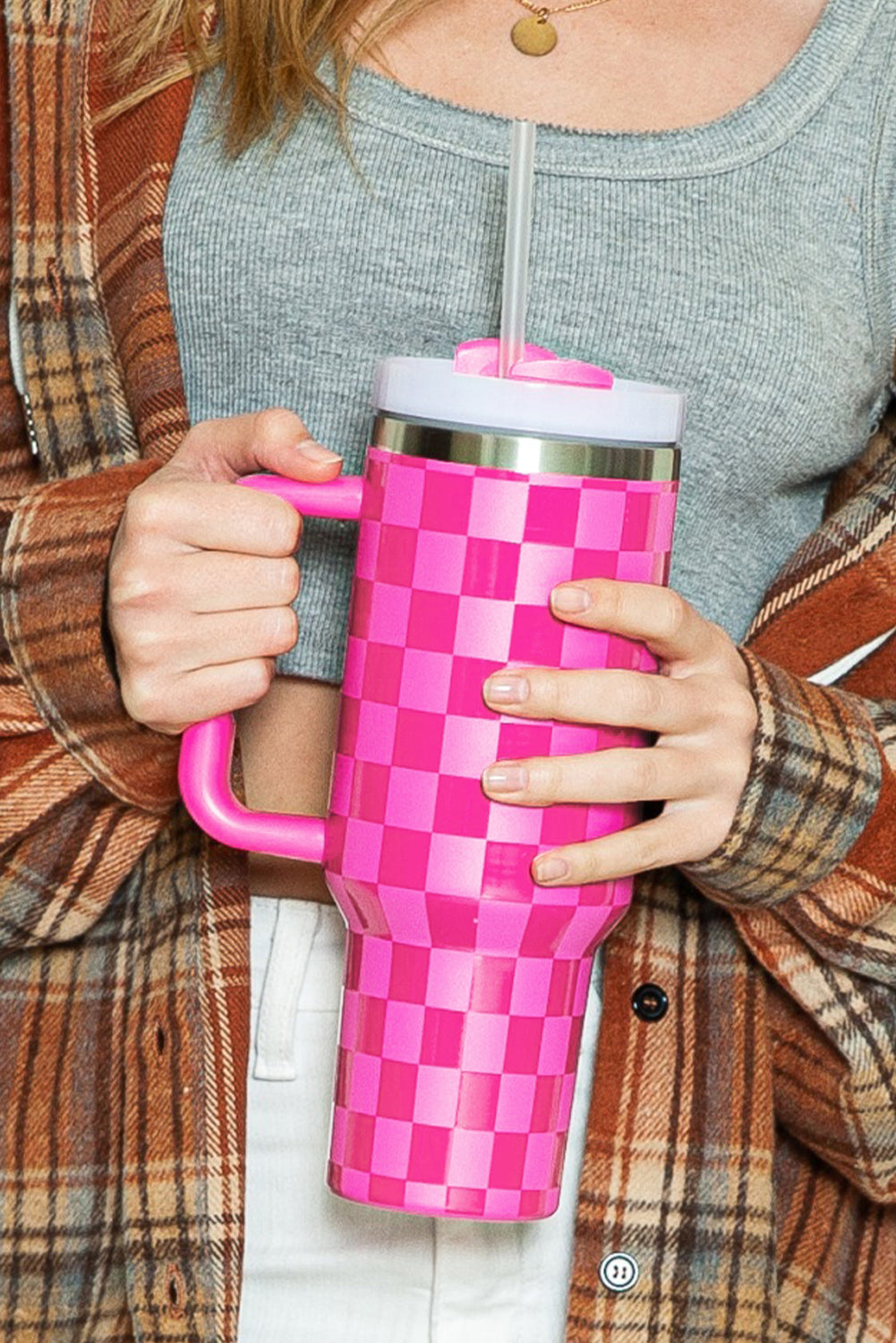 Bright Pink Checkered Tumbler 40oz