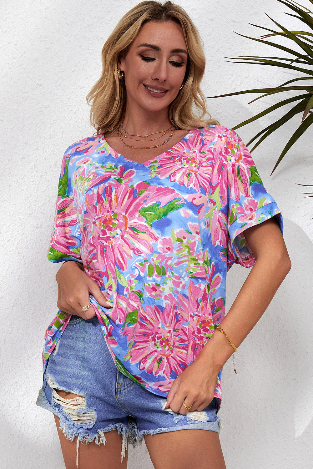 Floral Print Loose Fit V Neck T Shirt