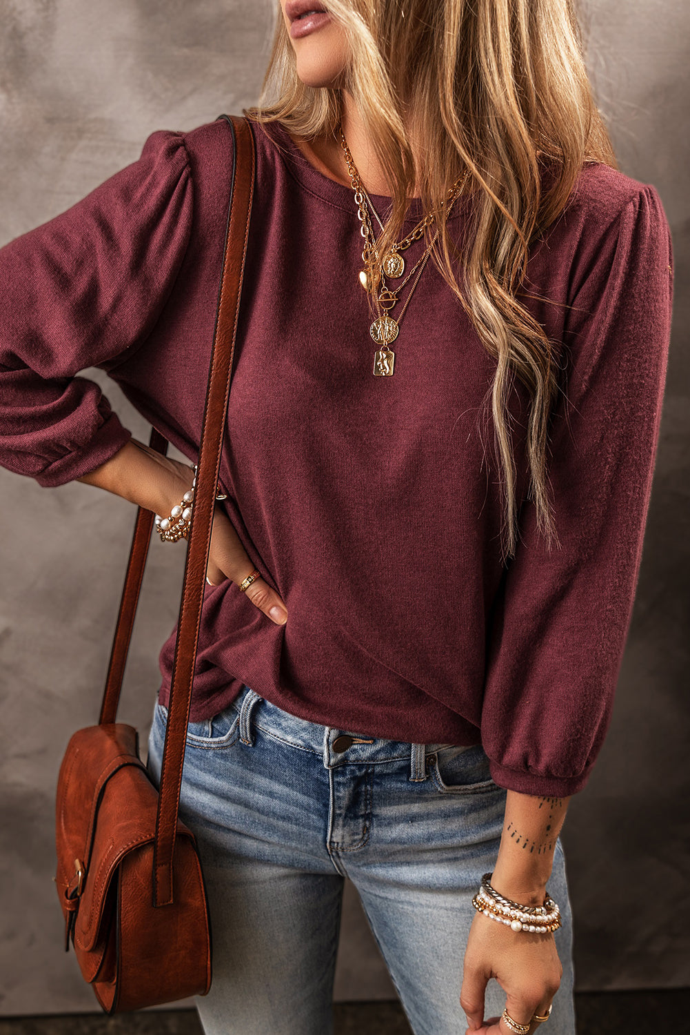 Red Dahlia Solid Color 3/4 Sleeve Round Neck Top