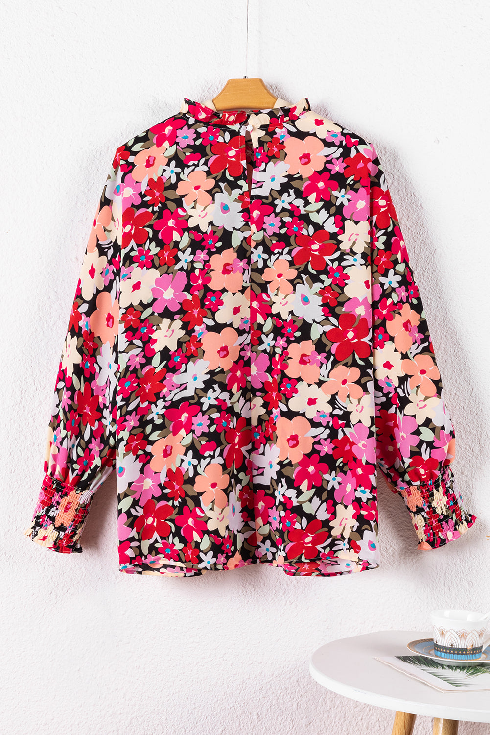 Rose Printed Frilled Neck Shirred Bracelet Sleeve Floral Blouse