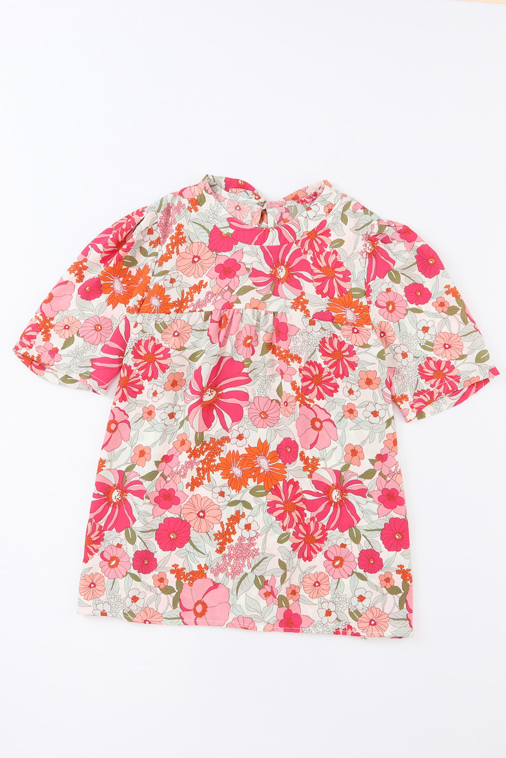 Multicolor Boho Flower Print Puff Short Sleeve Top