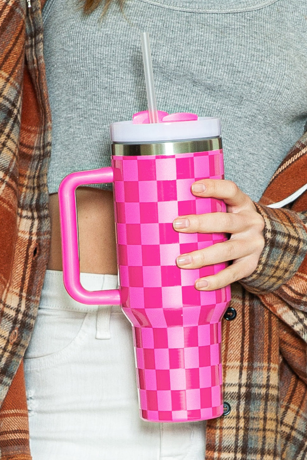 Bright Pink Checkered Tumbler 40oz