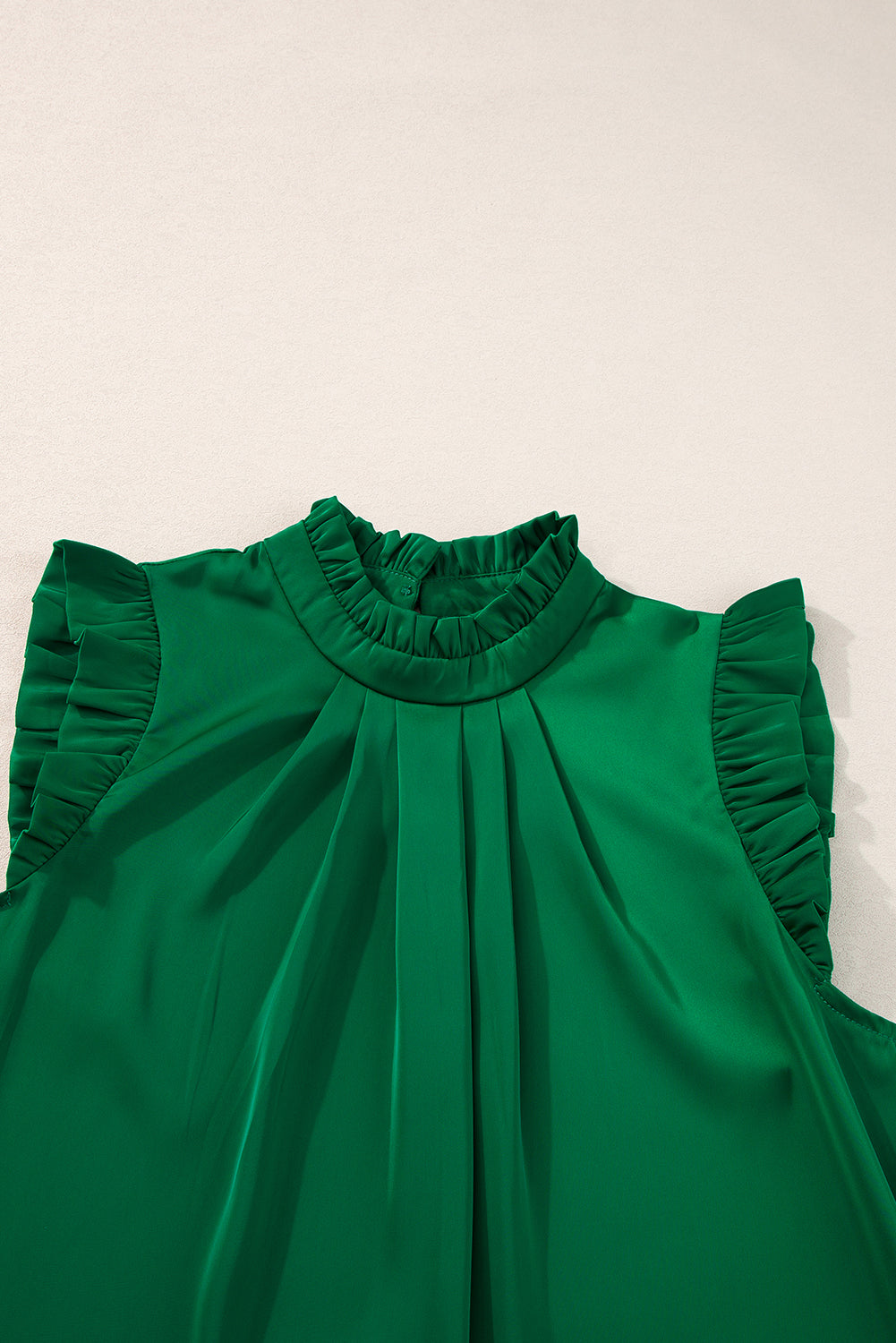 Bright Green Pleated Mock Neck Frilled Trim Sleeveless Top