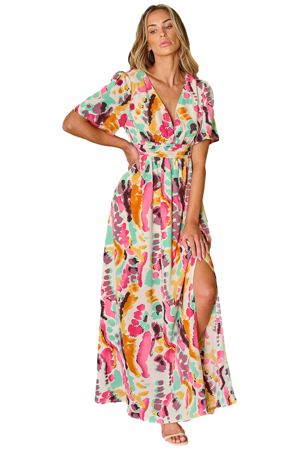 Pink Boho Tie-dye Print V Neck Maxi Dress