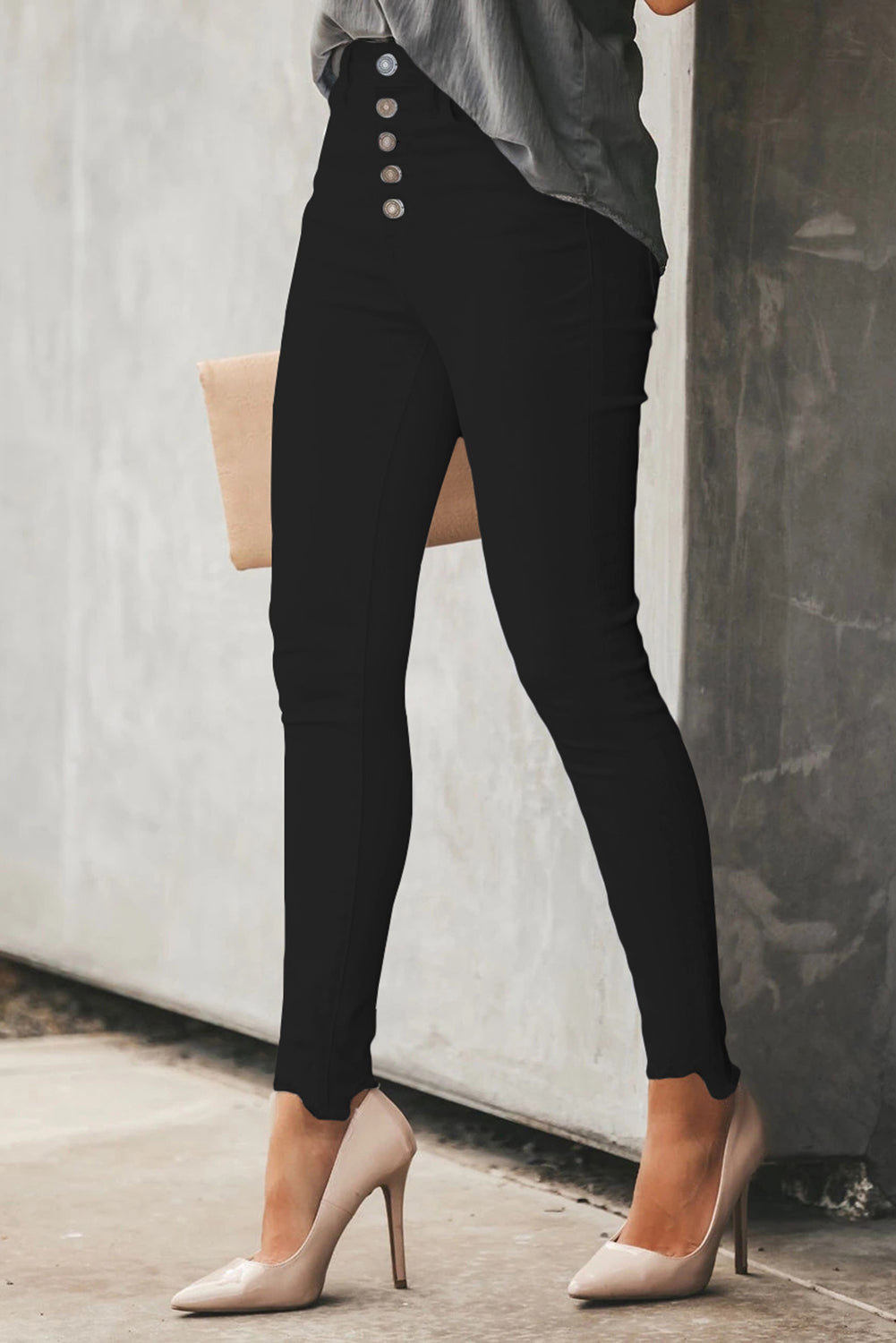 Black Plain High Waist Buttons Frayed Cropped Denim Jeans