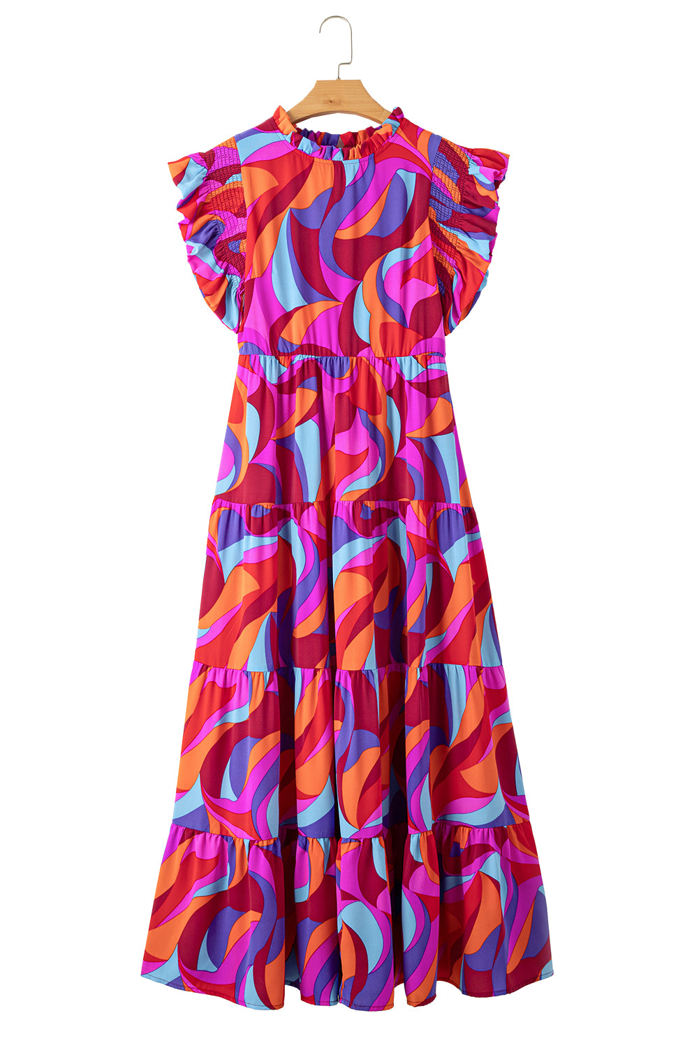 Orange Abstract Printed High Waist Ruffle Tiered Long Dress