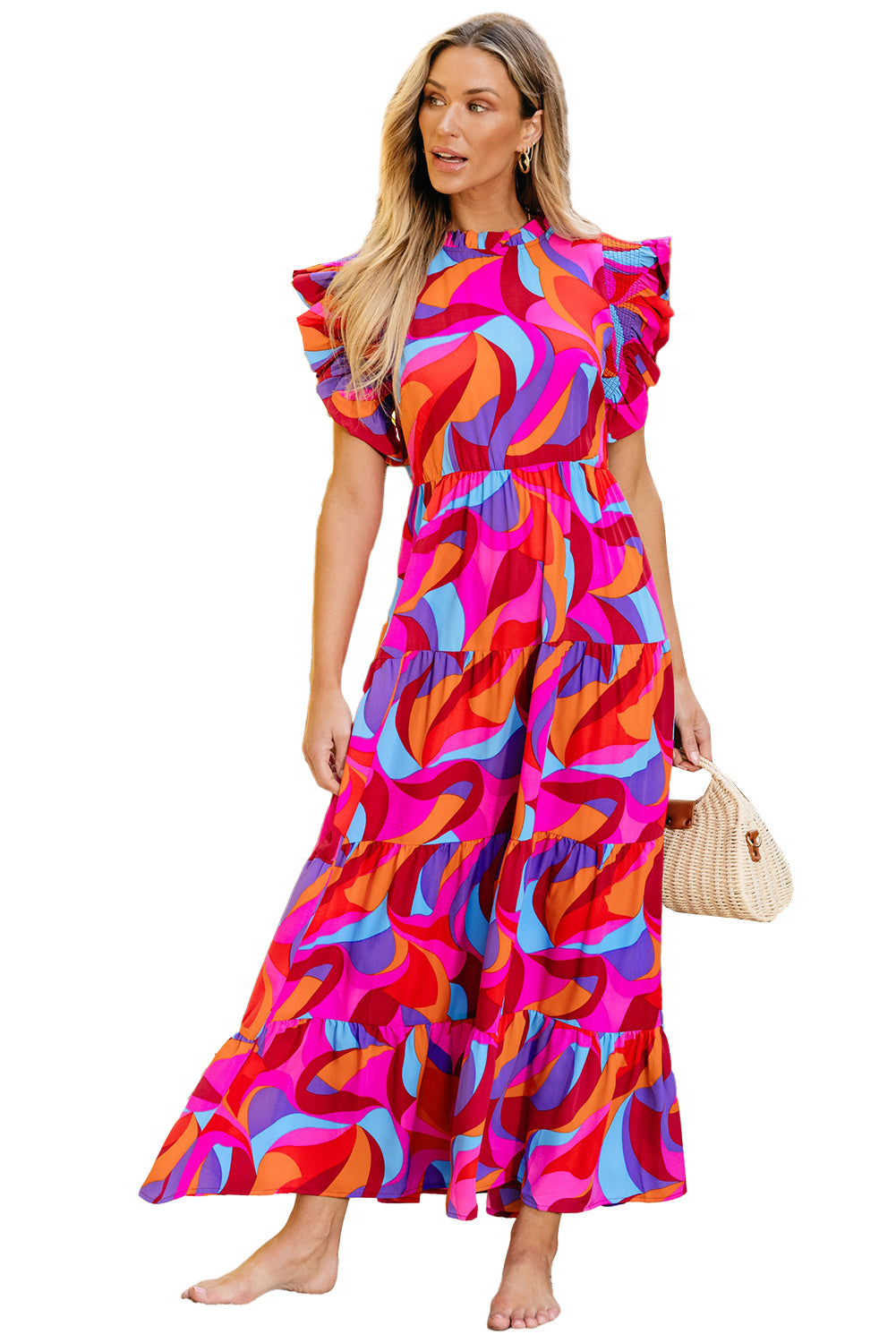 Orange Abstract Printed High Waist Ruffle Tiered Long Dress