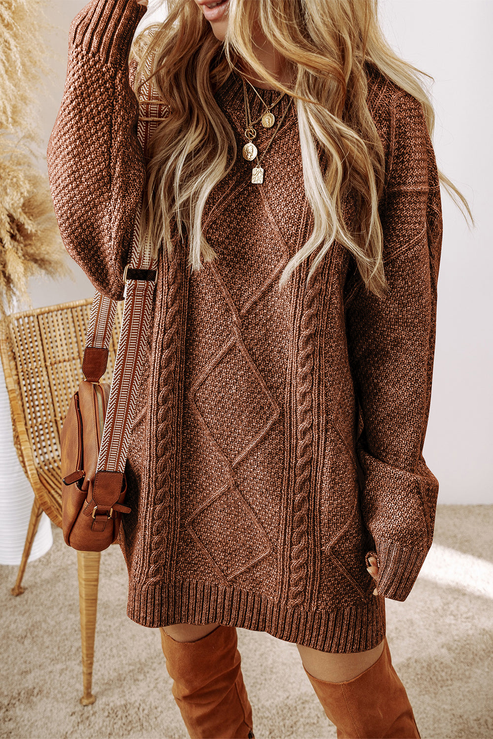 Coffee Cable Knit Drop Shoulder Loose Fit Sweater Dress