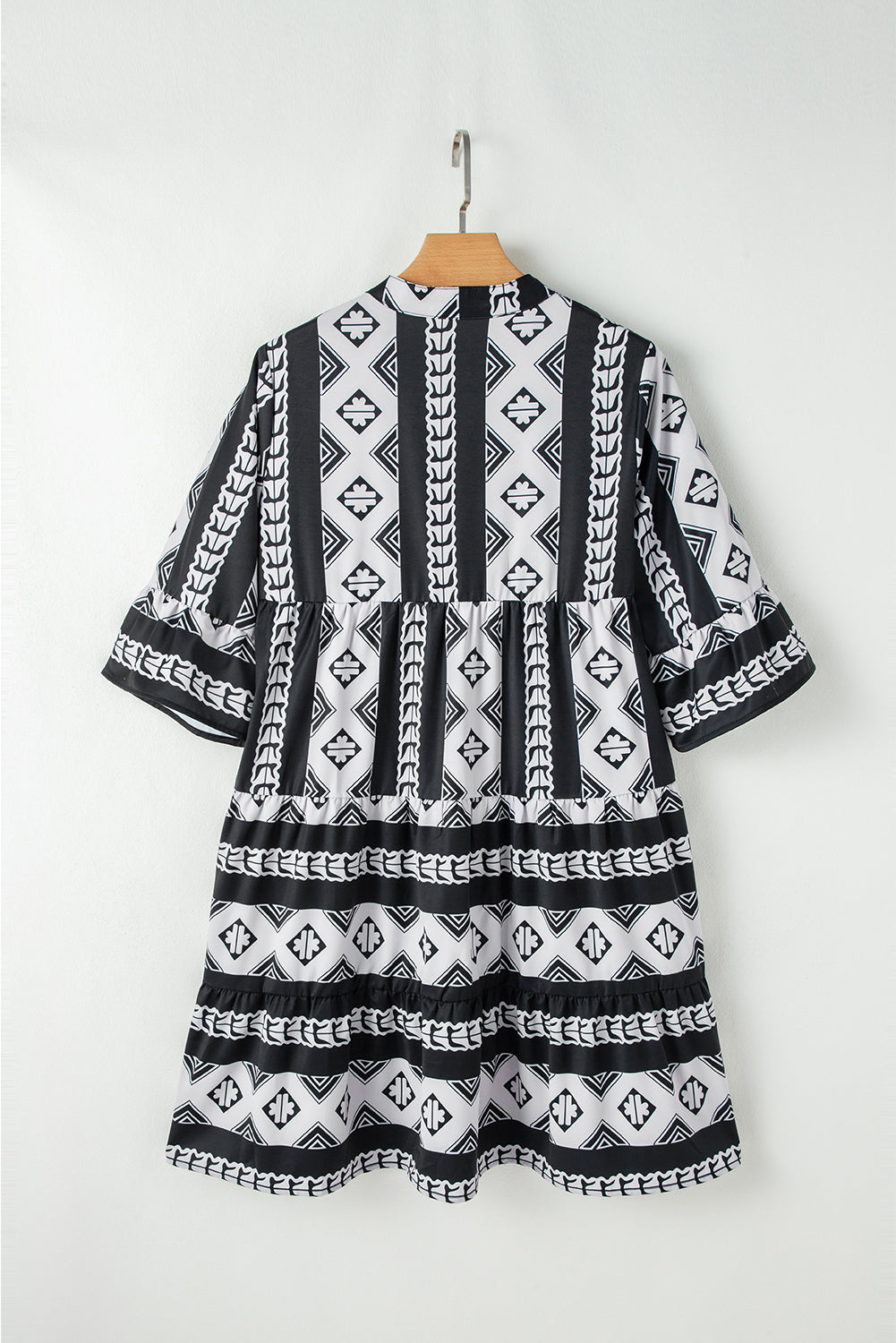 Black Geometric Print V Neck Ruffled Dress