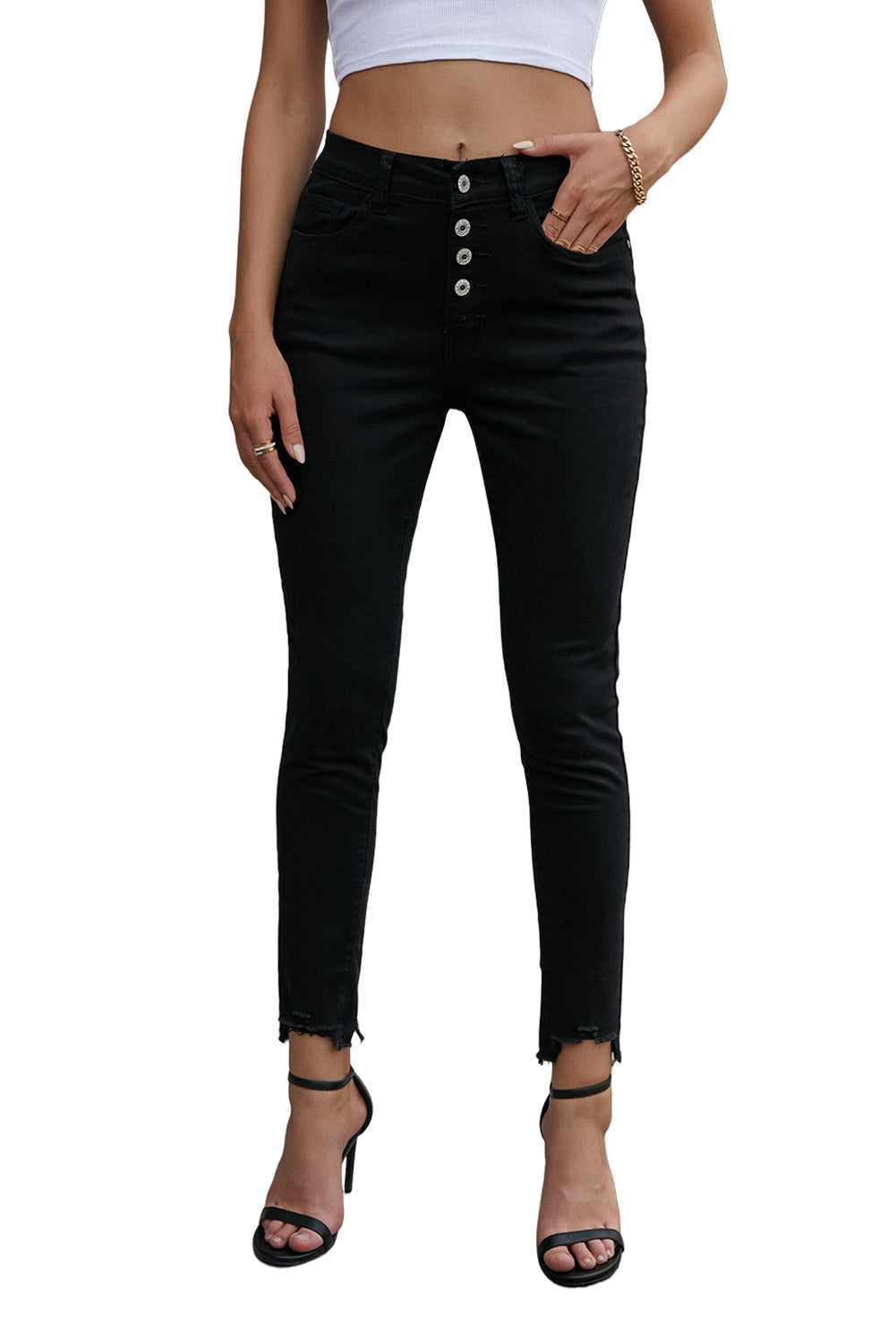 Black Plain High Waist Buttons Frayed Cropped Denim Jeans