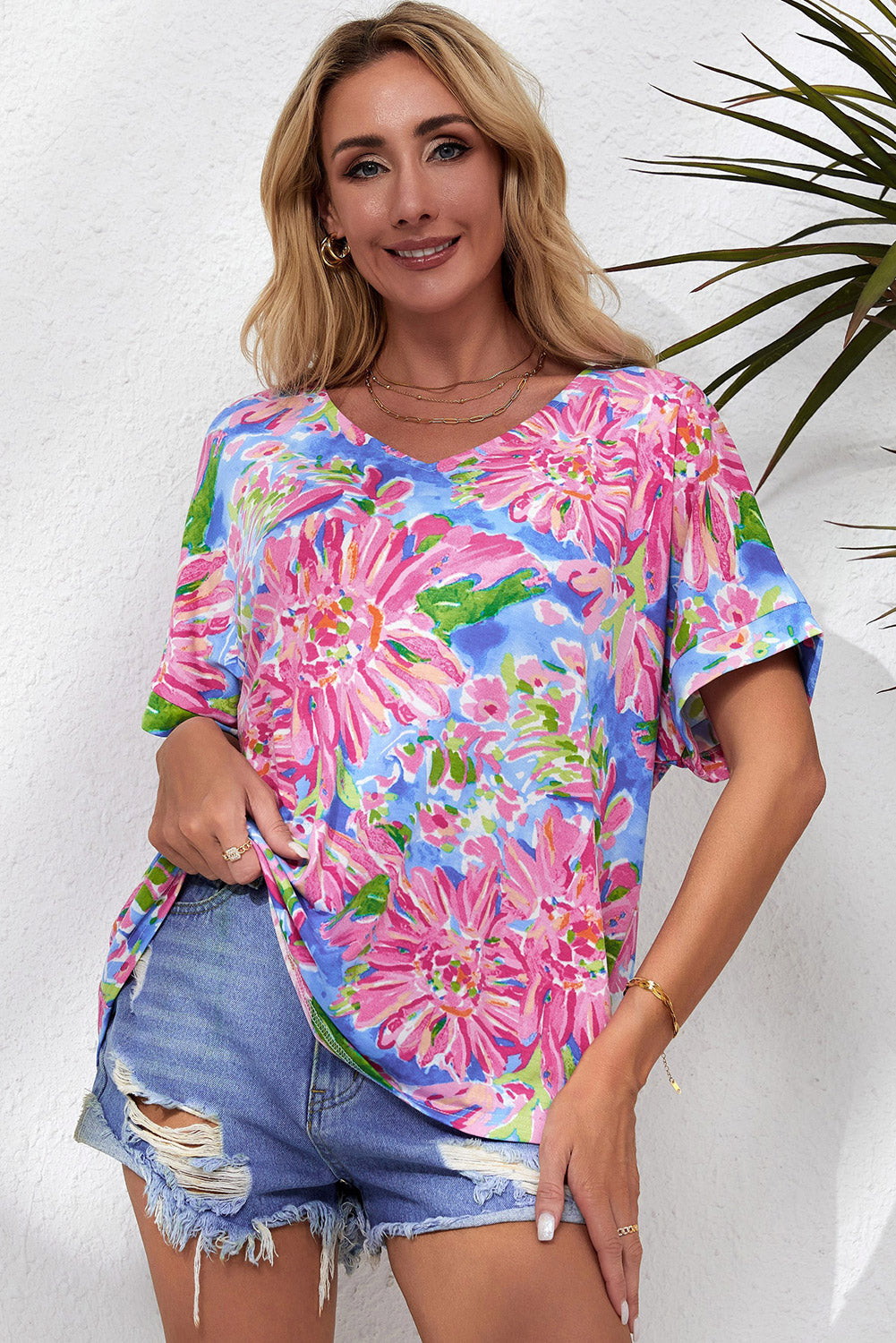 Floral Print Loose Fit V Neck T Shirt