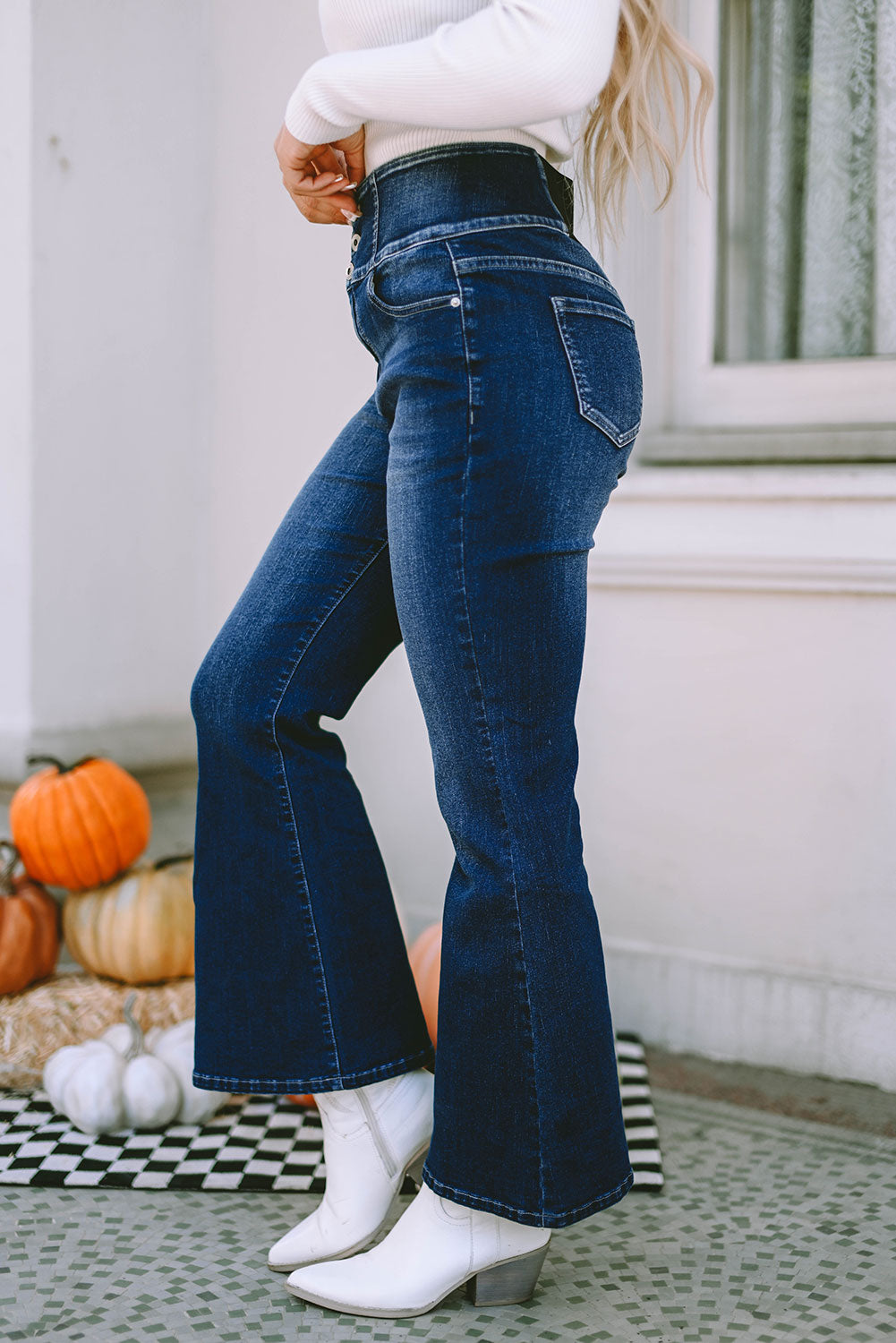 Blue Buttons Elastic Wide Waistband Back Flare Jeans