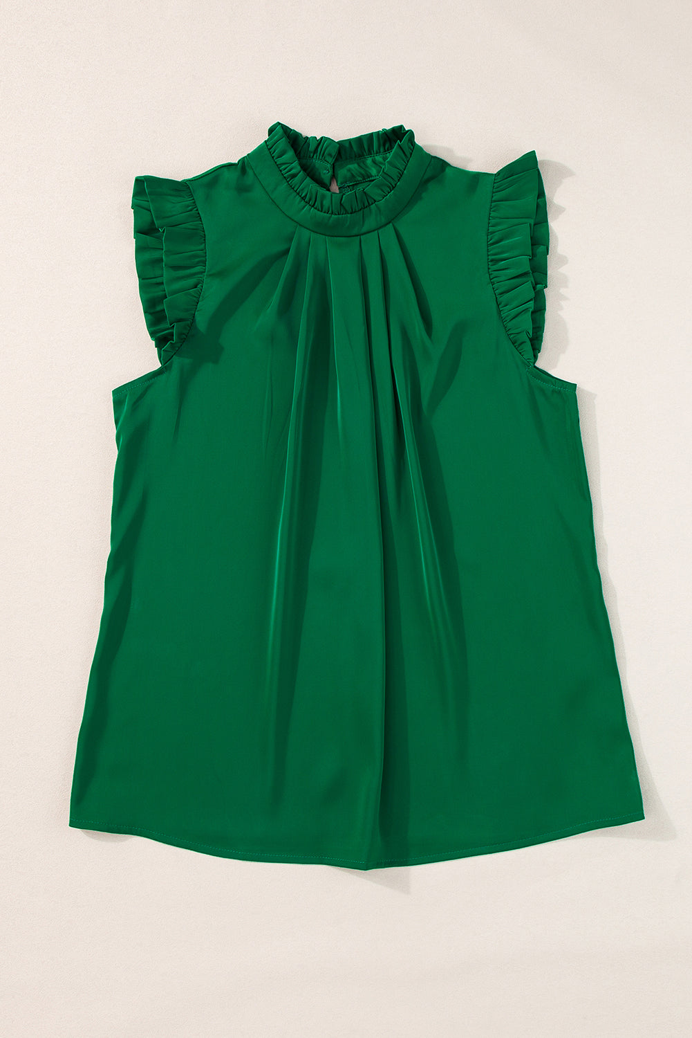 Bright Green Pleated Mock Neck Frilled Trim Sleeveless Top