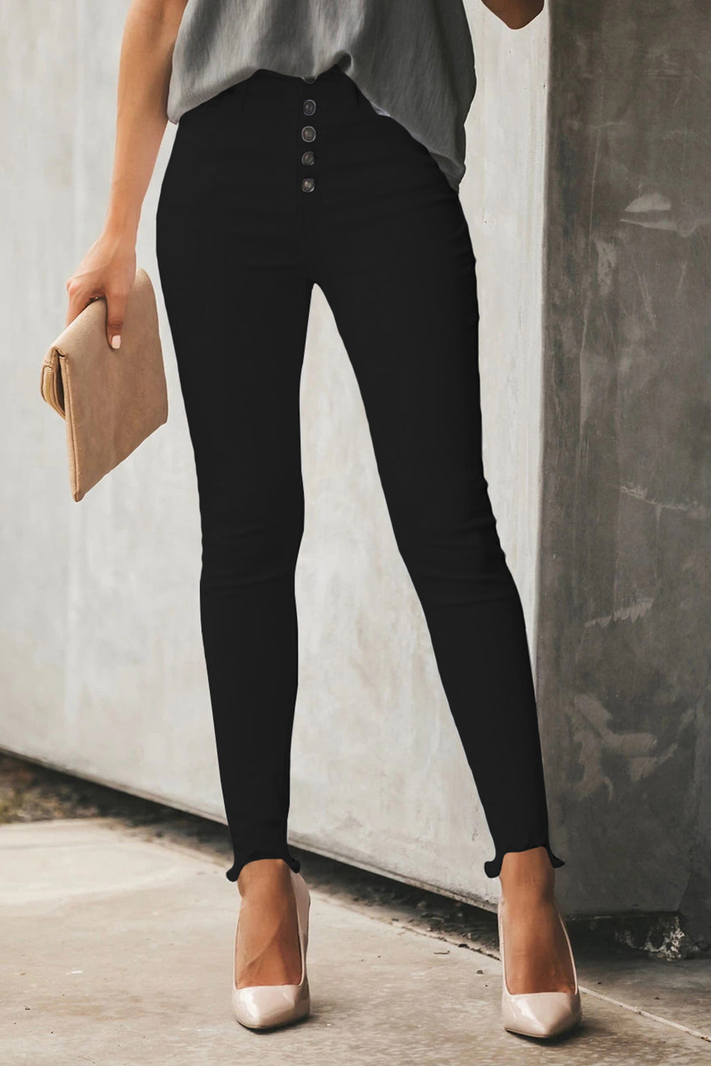 Black Plain High Waist Buttons Frayed Cropped Denim Jeans