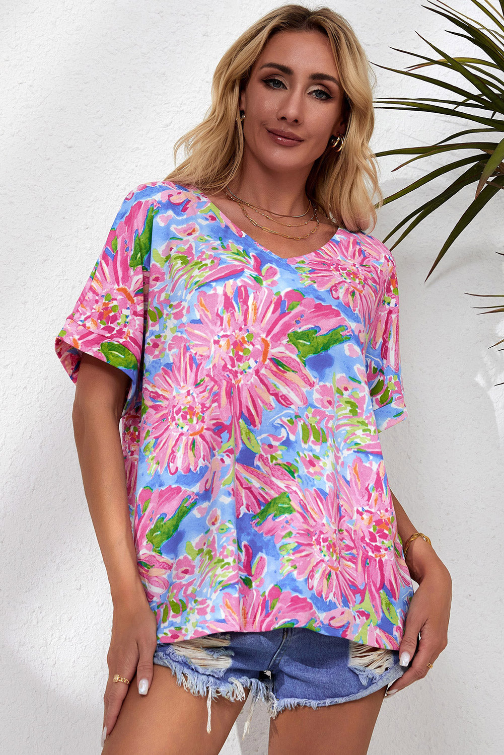 Floral Print Loose Fit V Neck T Shirt