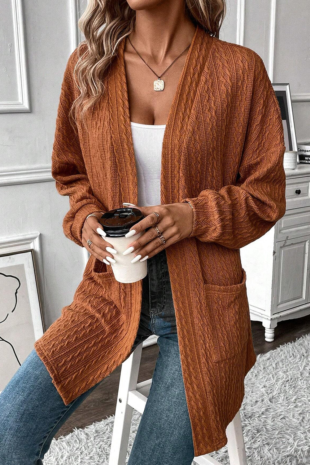 Chestnut Textured Knit Side Pockets Open Front Cardigan