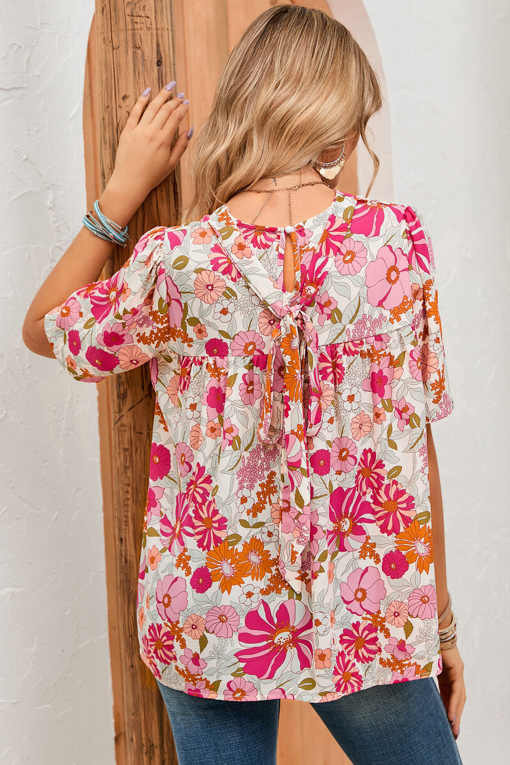 Multicolor Boho Flower Print Puff Short Sleeve Top