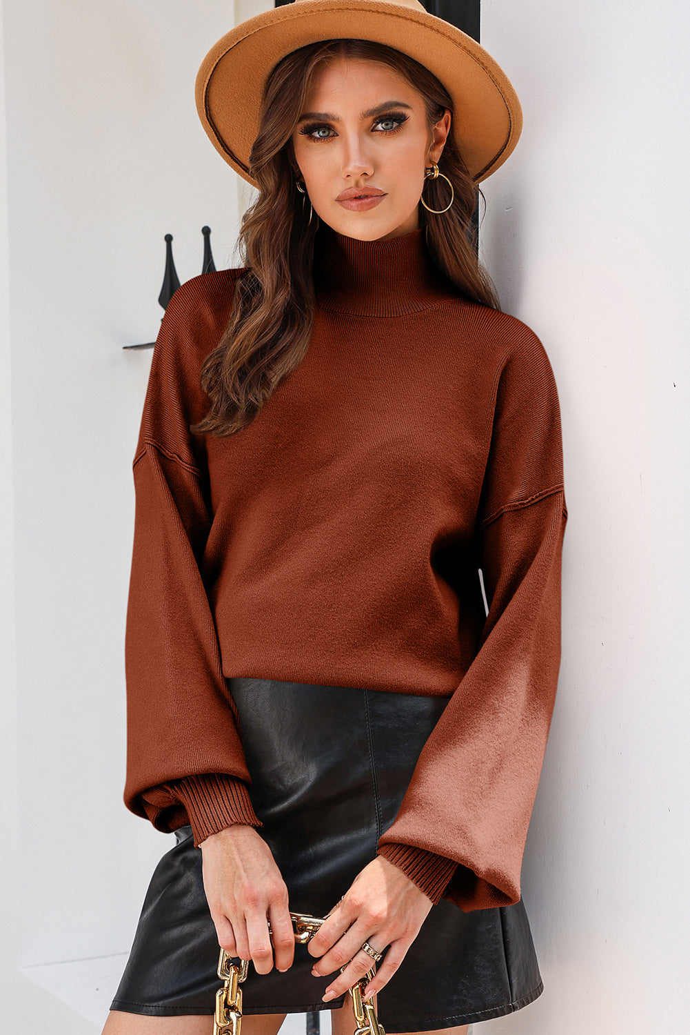 Brown Turtleneck Drop Shoulder Bubble Sleeve Knit Sweater