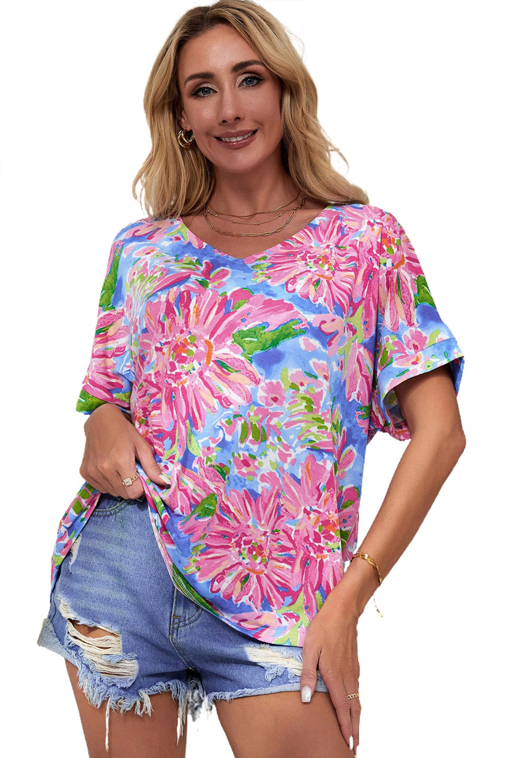 Floral Print Loose Fit V Neck T Shirt