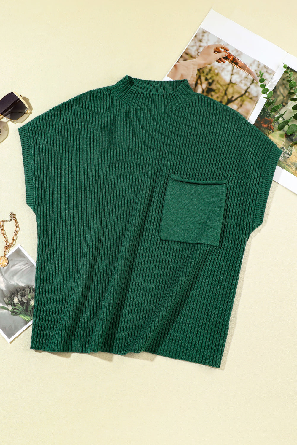 Blackish Green Patch Pocket Ribbed Knit Short Sleeve Sweater