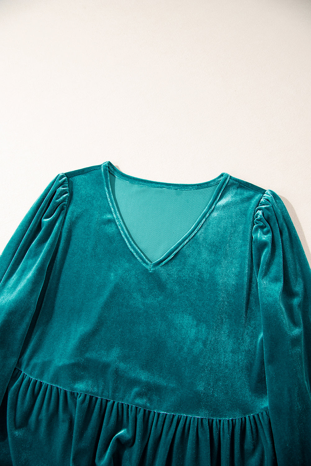 Sea Green Velvet V Neck Peplum Hem Puff Sleeve Blouse