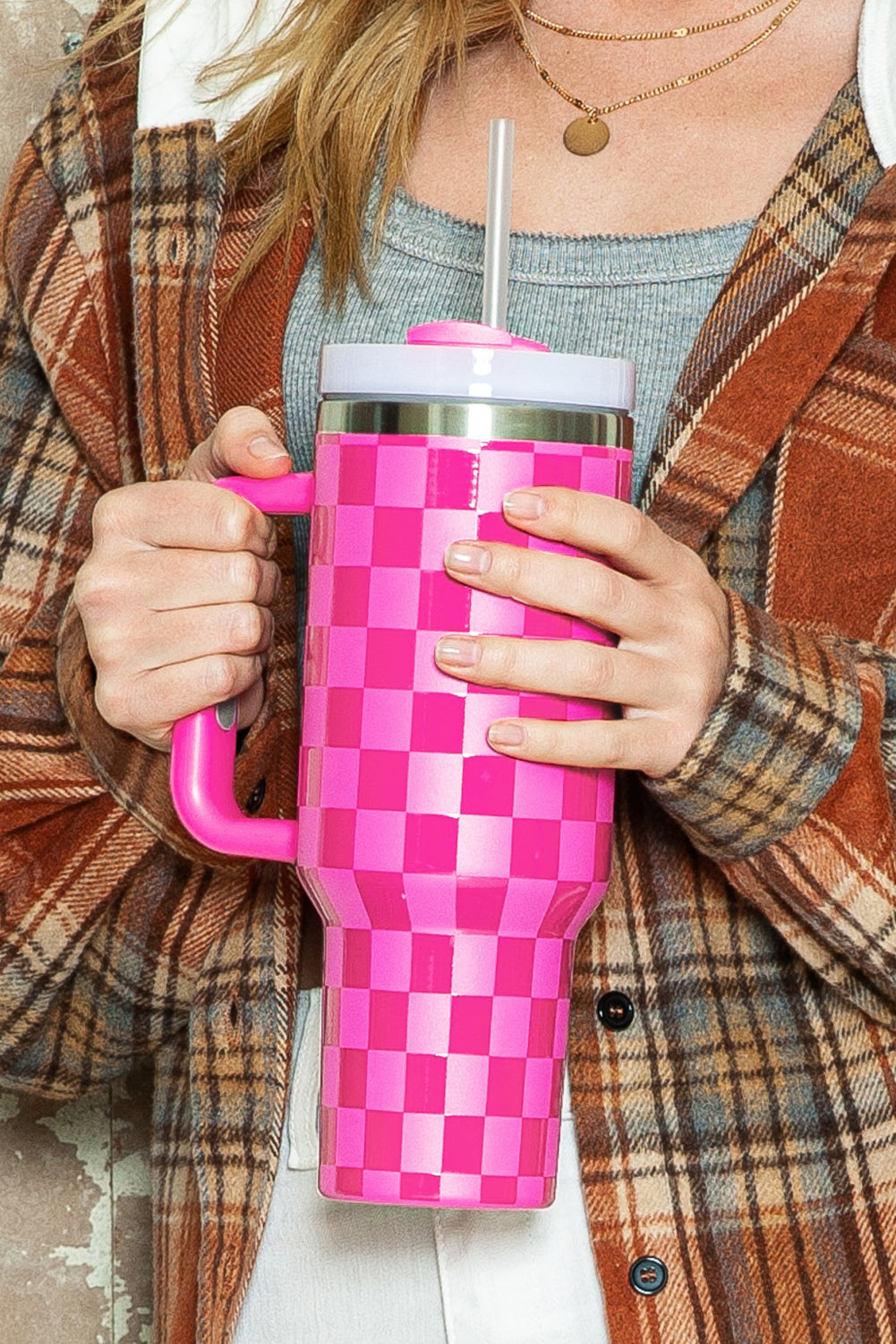 Bright Pink Checkered Tumbler 40oz