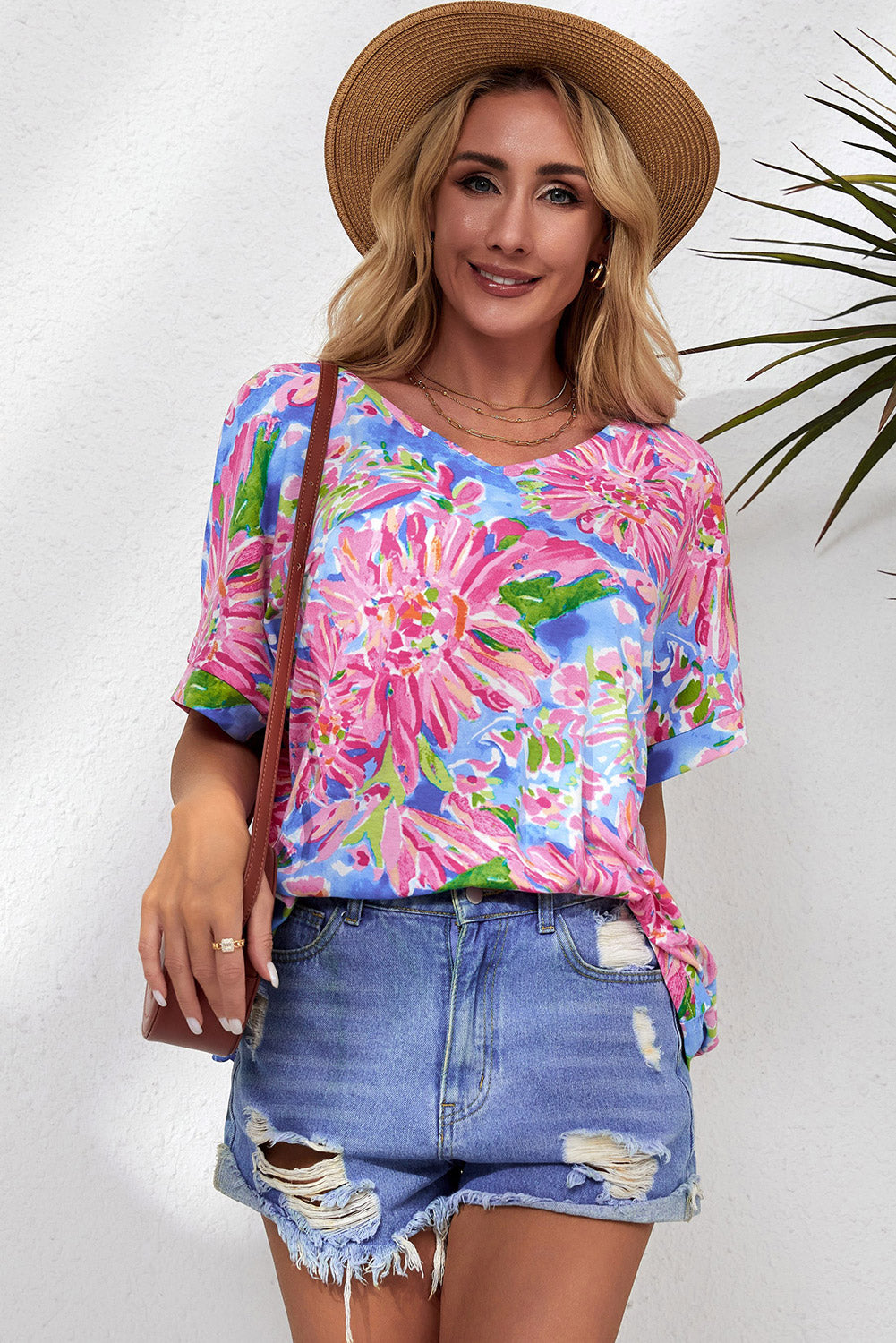 Floral Print Loose Fit V Neck T Shirt