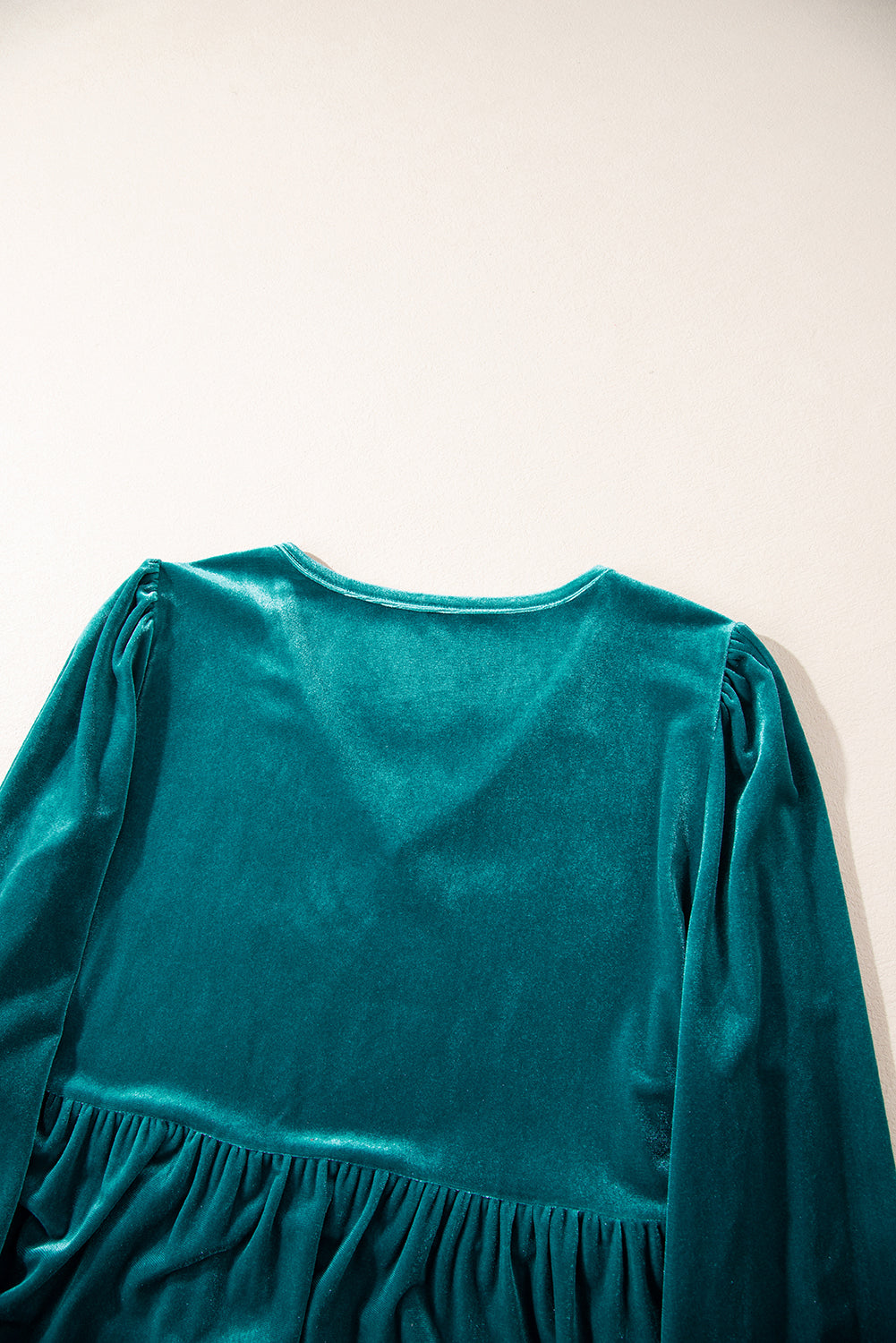 Sea Green Velvet V Neck Peplum Hem Puff Sleeve Blouse