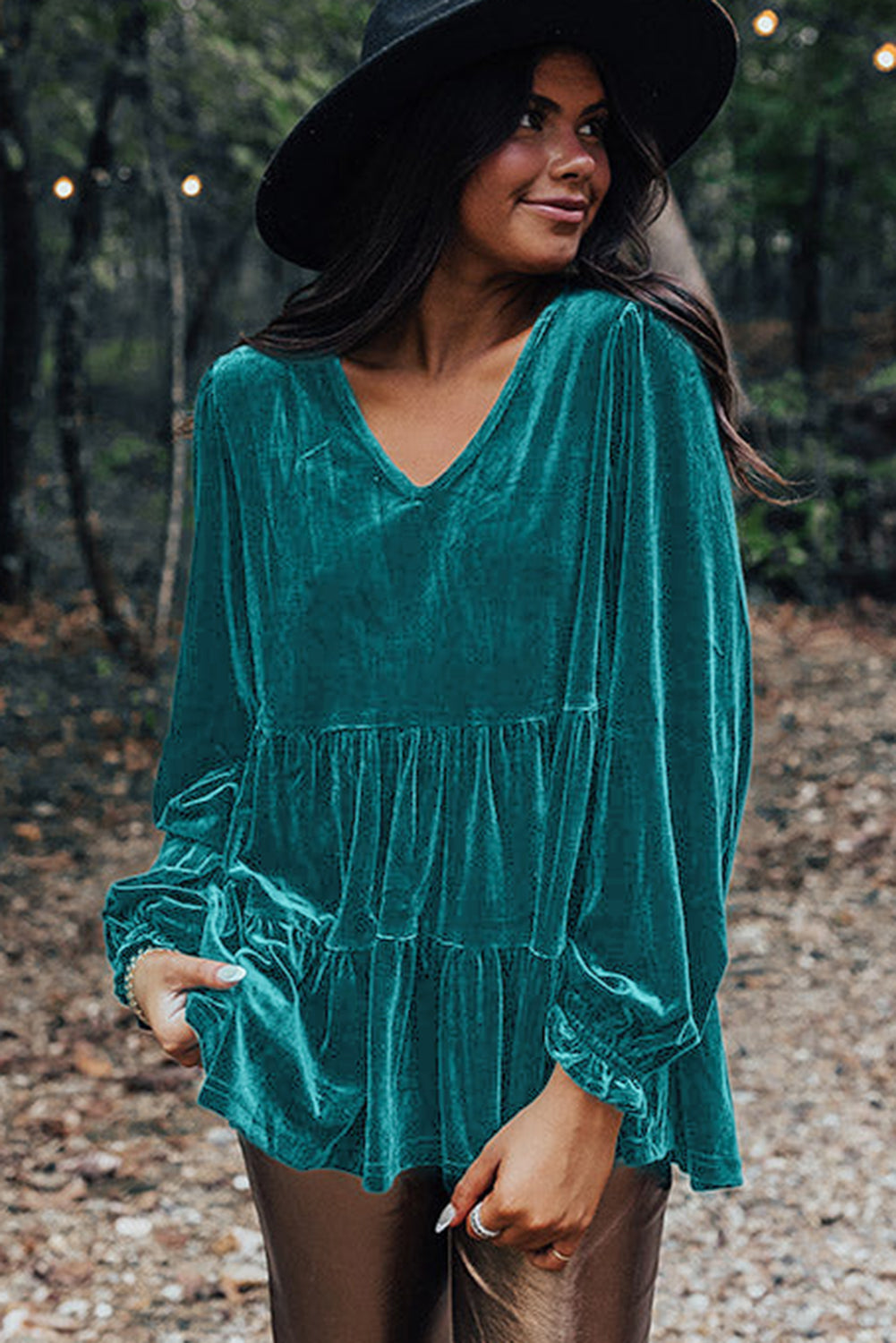 Sea Green Velvet V Neck Peplum Hem Puff Sleeve Blouse