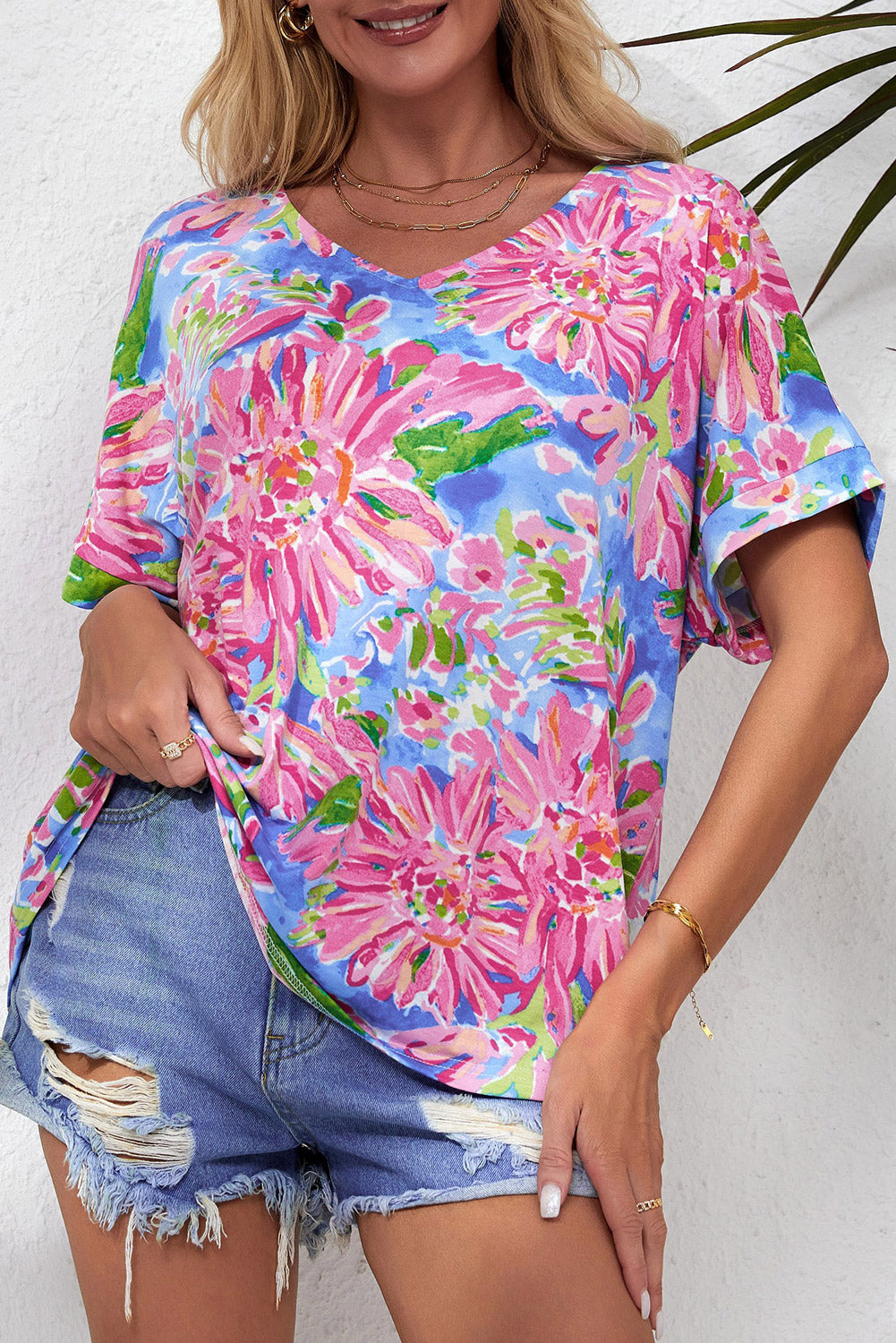 Floral Print Loose Fit V Neck T Shirt