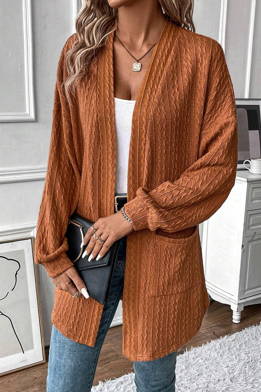 Chestnut Textured Knit Side Pockets Open Front Cardigan