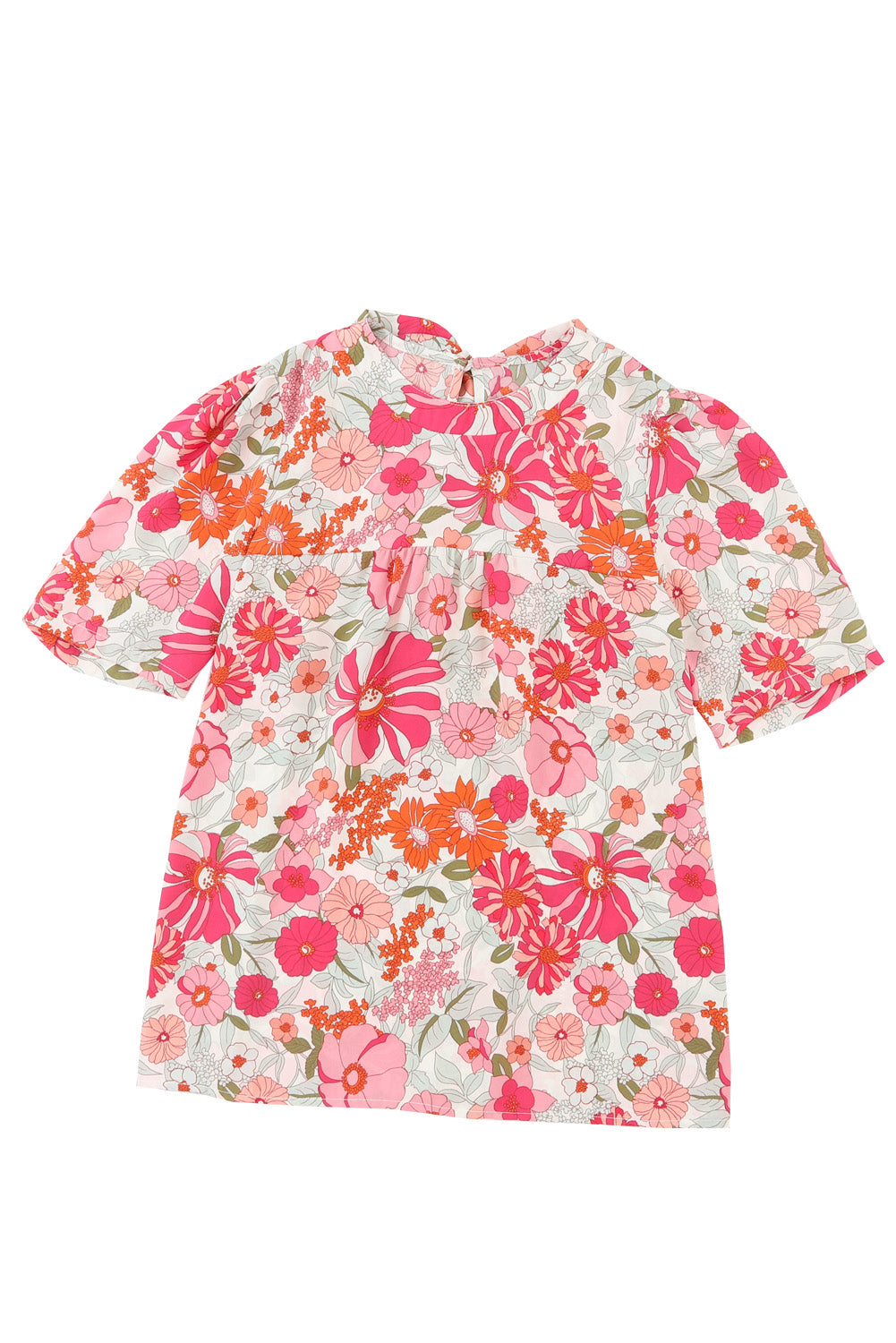 Multicolor Boho Flower Print Puff Short Sleeve Top