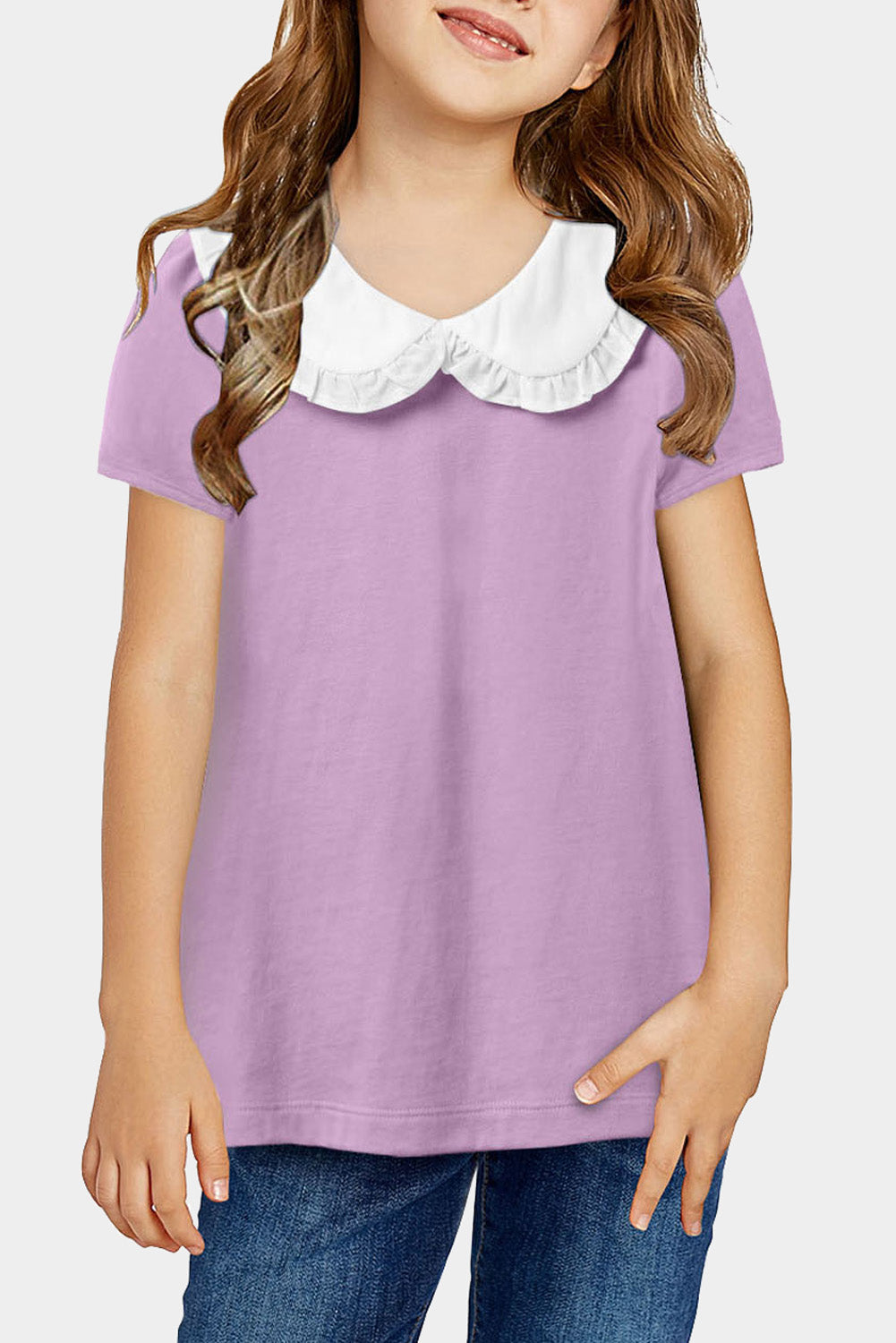 Navy Blue Little Girl Peter Pan Collar Short Sleeve Top