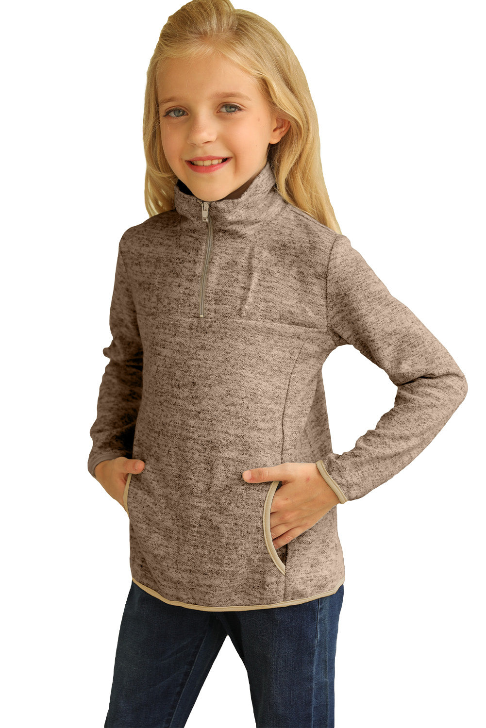 Khaki 1/4 Zipped Collar Toddlers Sweatshirt with Pocket