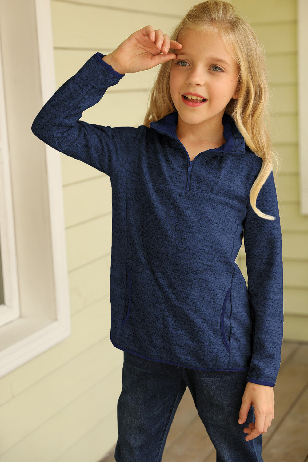 Khaki 1/4 Zipped Collar Toddlers Sweatshirt with Pocket