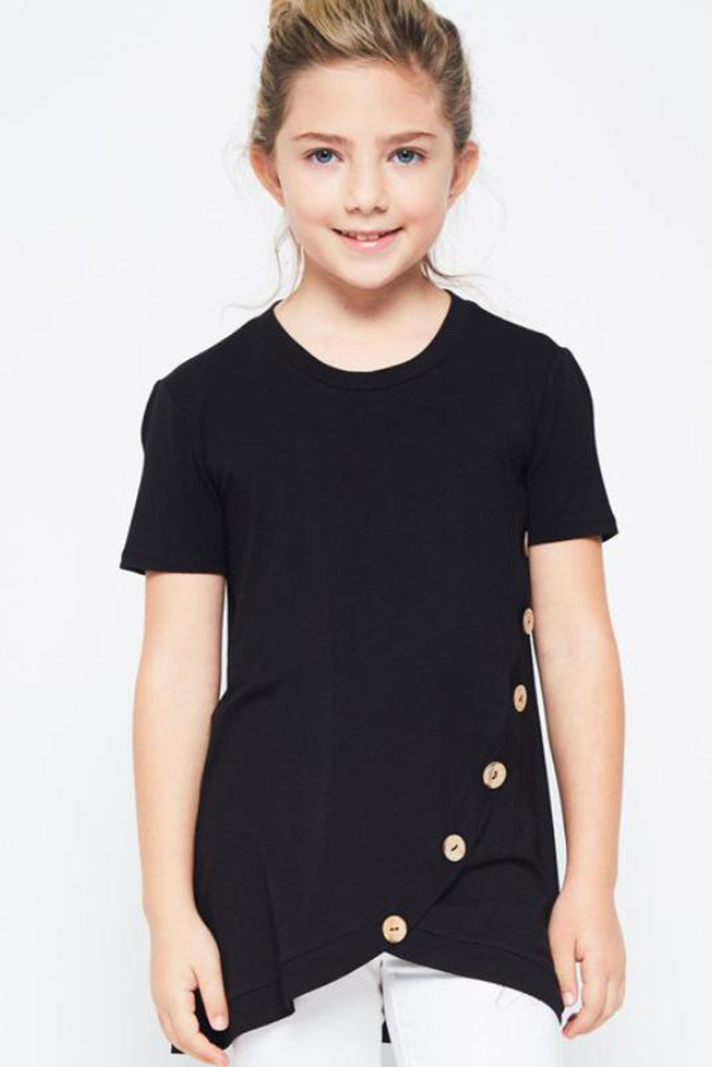 Rosy Buttoned Arched Hem Girls T-shirt