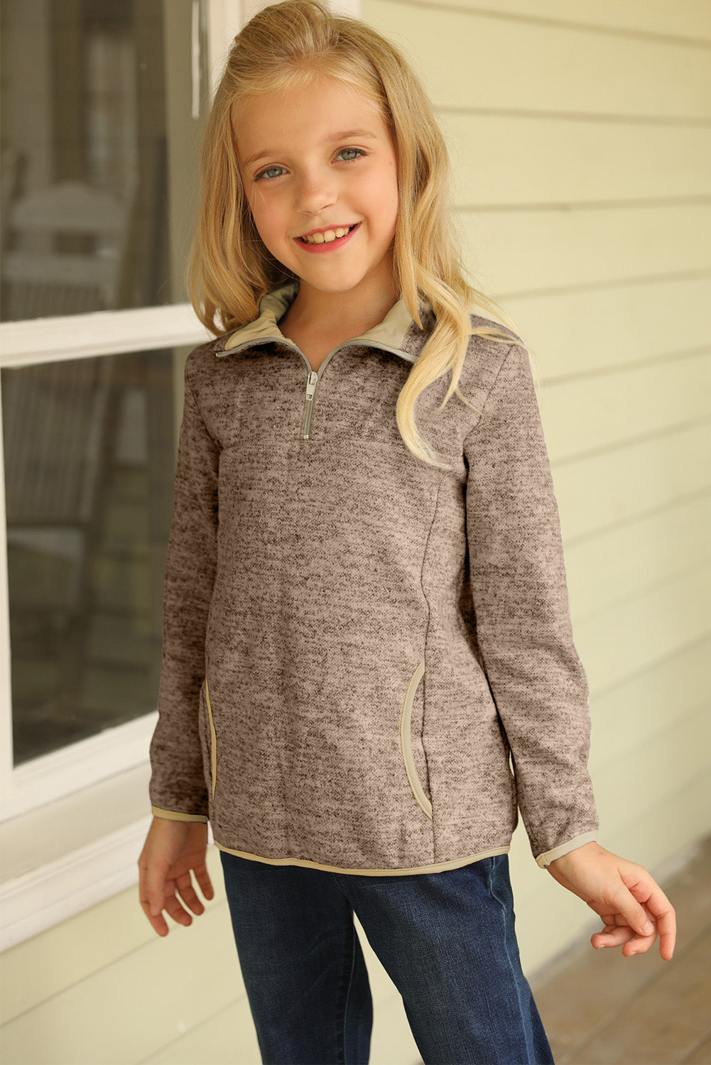 Khaki 1/4 Zipped Collar Toddlers Sweatshirt with Pocket