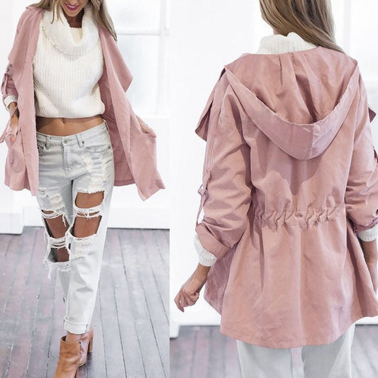 Solid color hooded trench coat