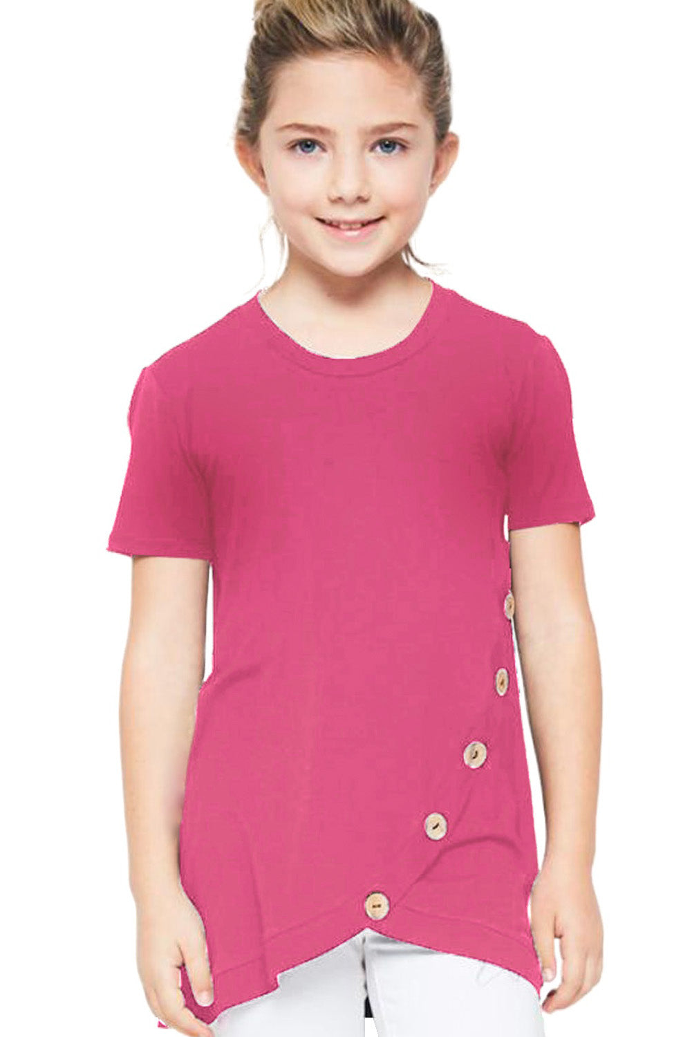 Rosy Buttoned Arched Hem Girls T-shirt