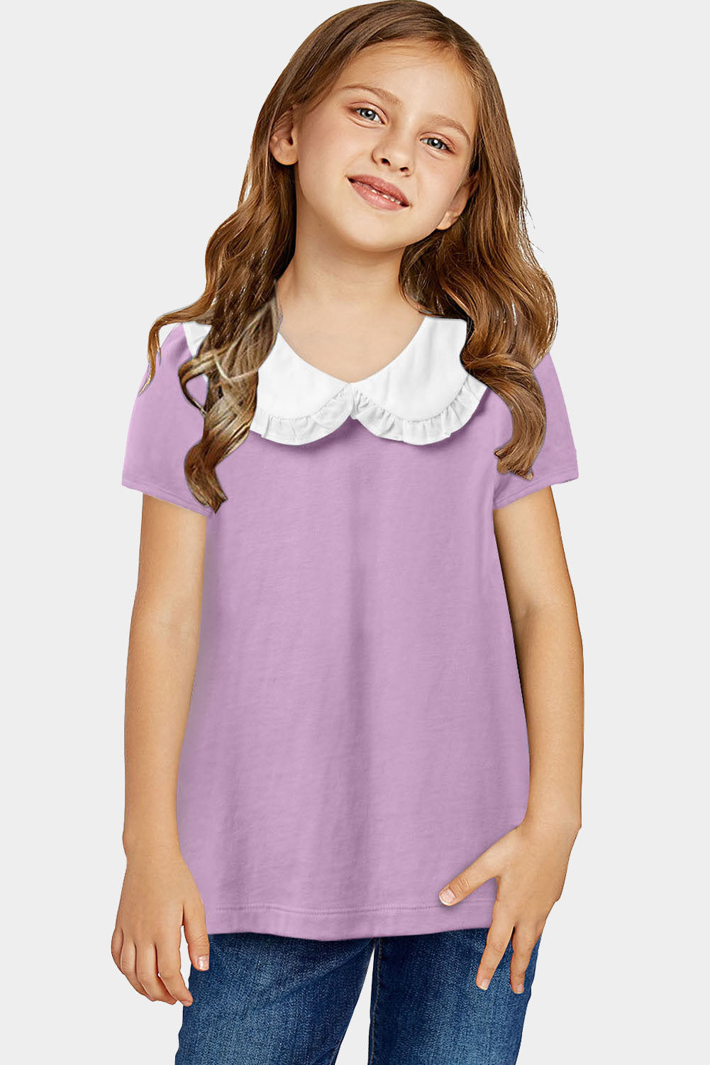 Navy Blue Little Girl Peter Pan Collar Short Sleeve Top