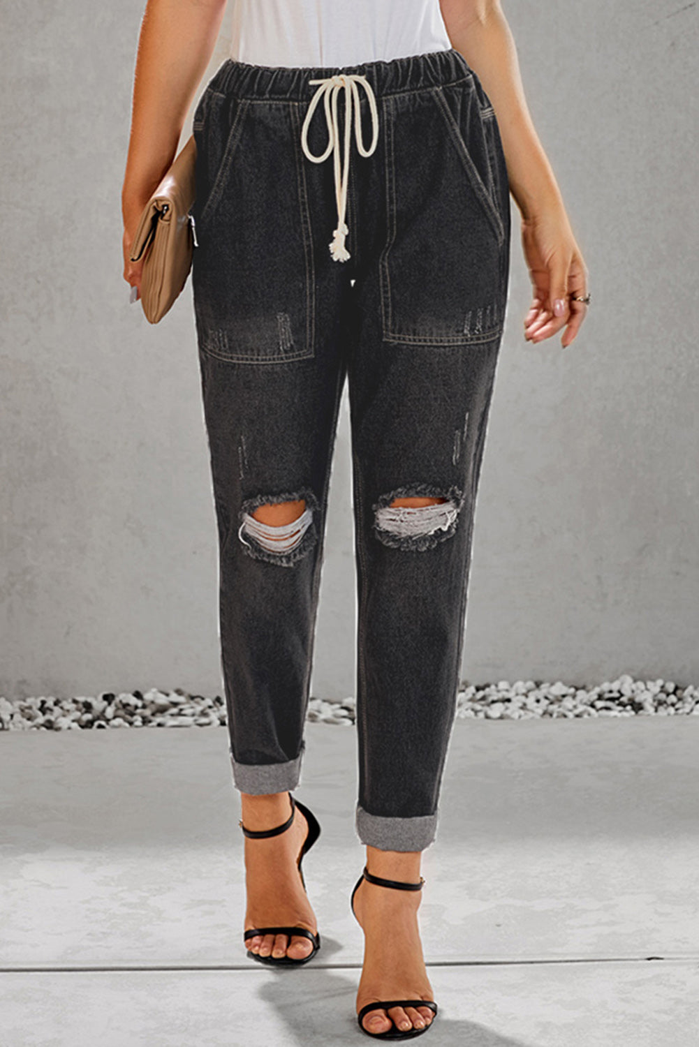 Gather Round Distressed Pocketed Denim Jogger