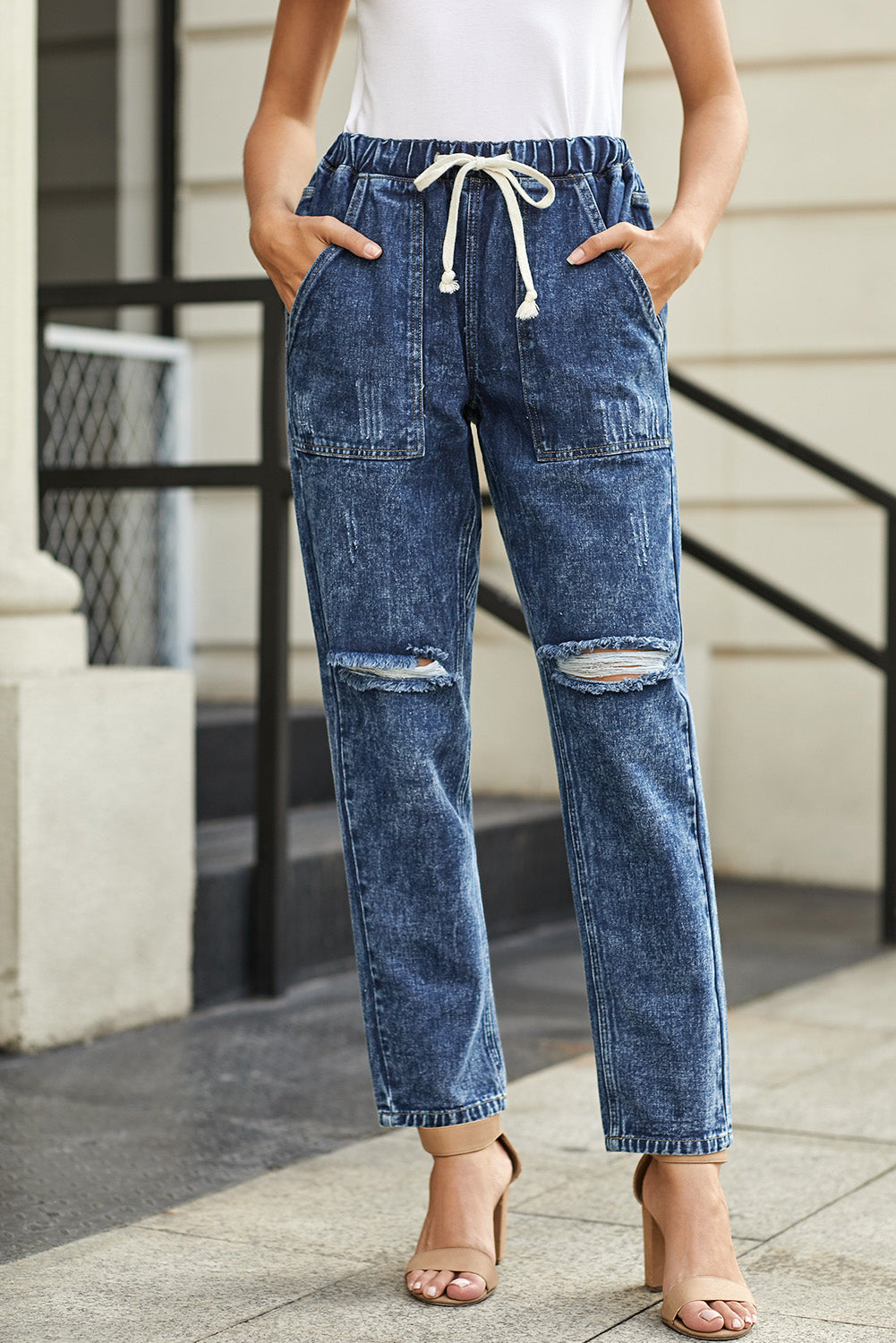 Dark Blue Gather Round Distressed Pocketed Denim Jogger