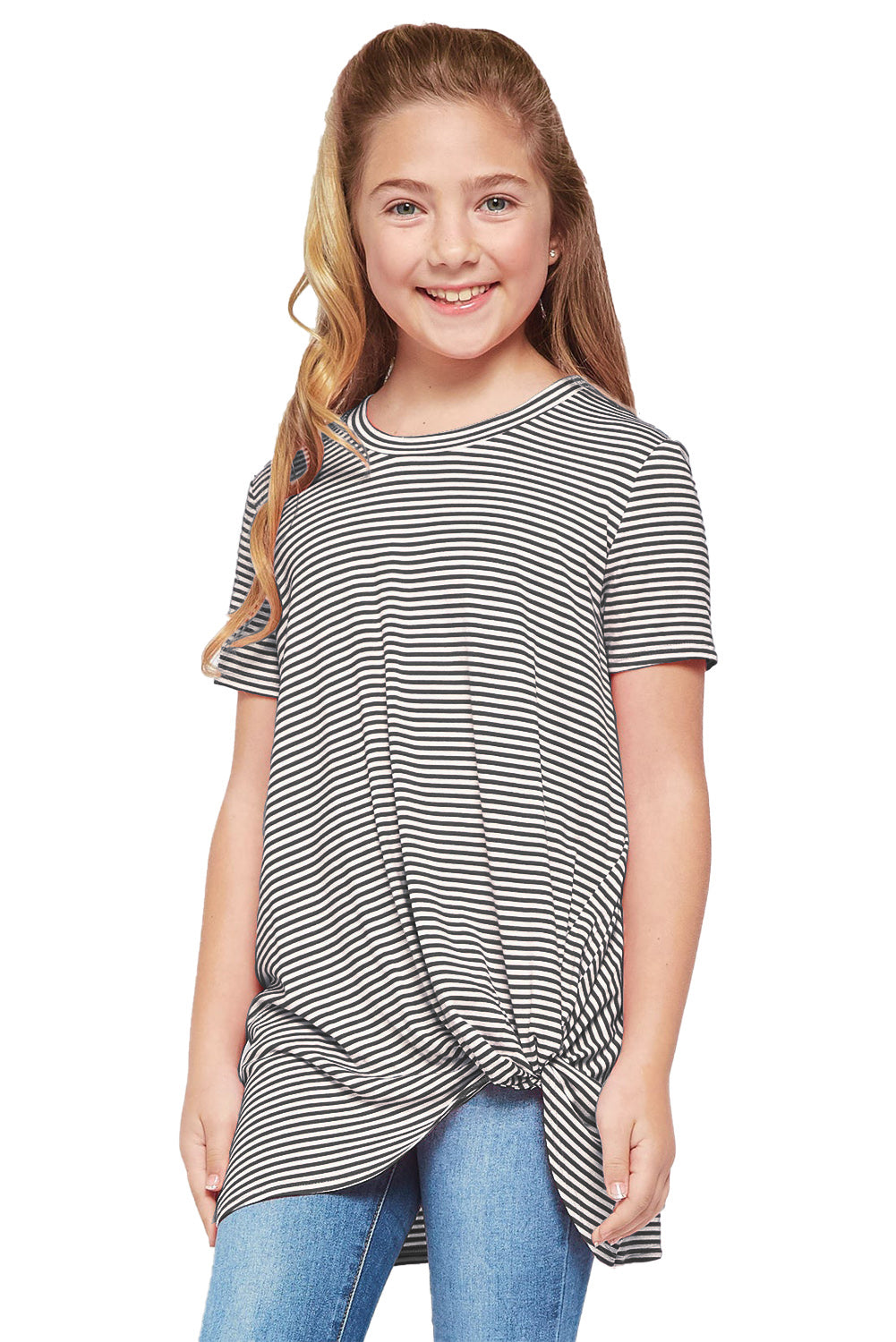 Short Sleeve Front Twist Striped Girl's Top