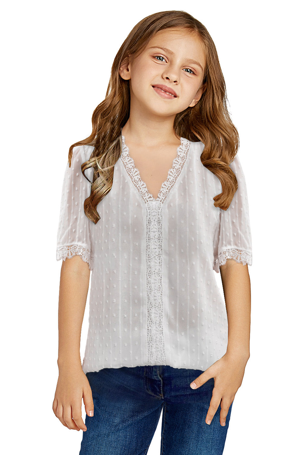 Swiss Dot Lace Short Sleeve Girls Top