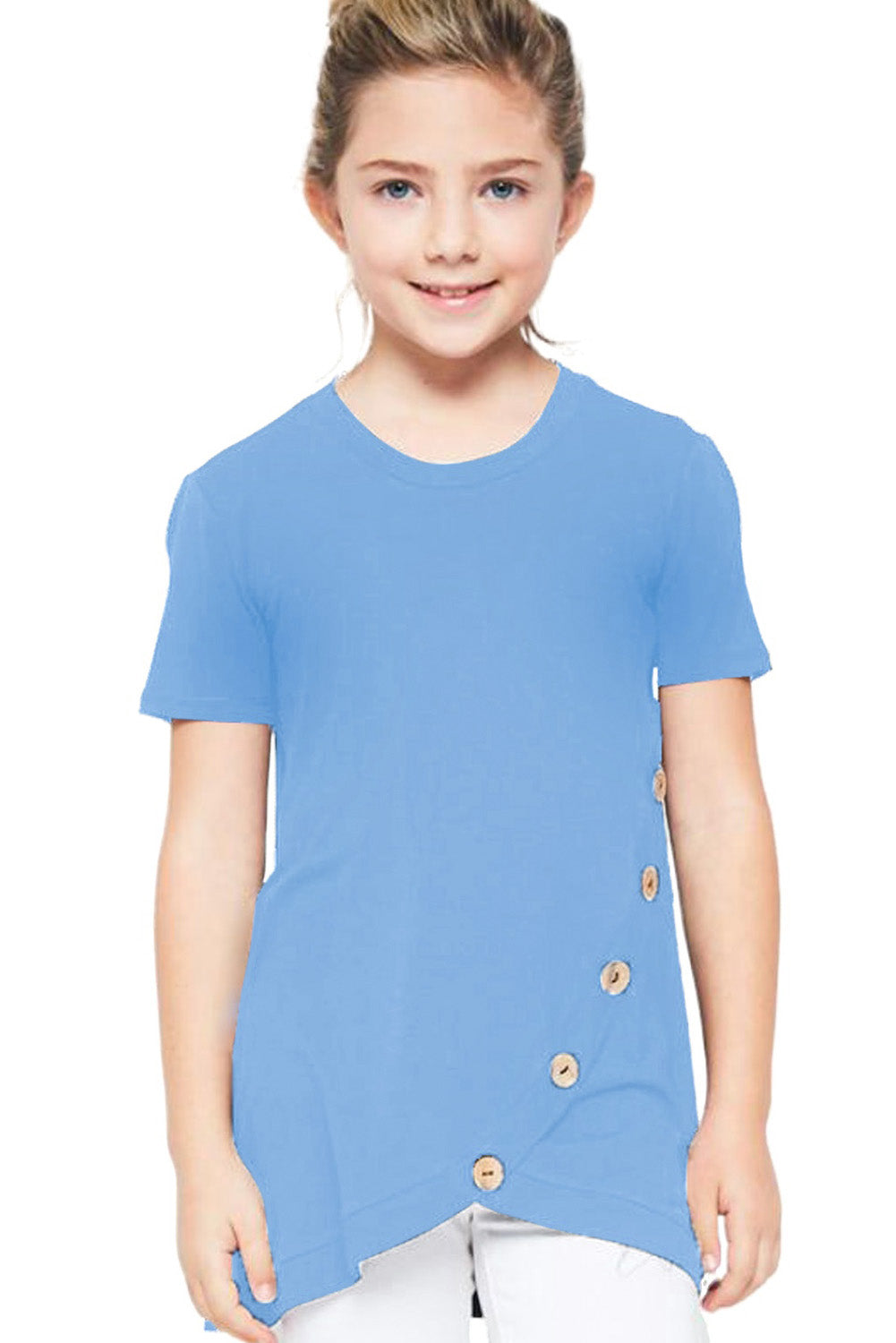 Rosy Buttoned Arched Hem Girls T-shirt