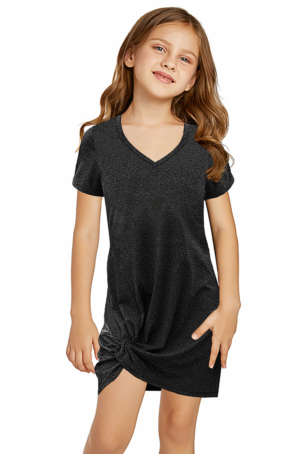 Little Girls' V Neck T-shirt Mini Dress with Twist Hem