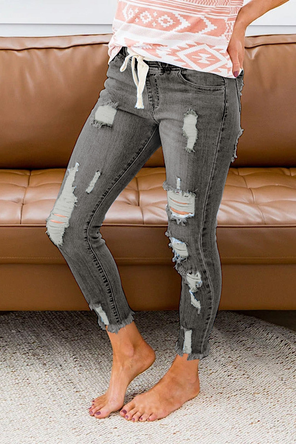 Drawstring Elastic Waist Hole Ripped Jeans