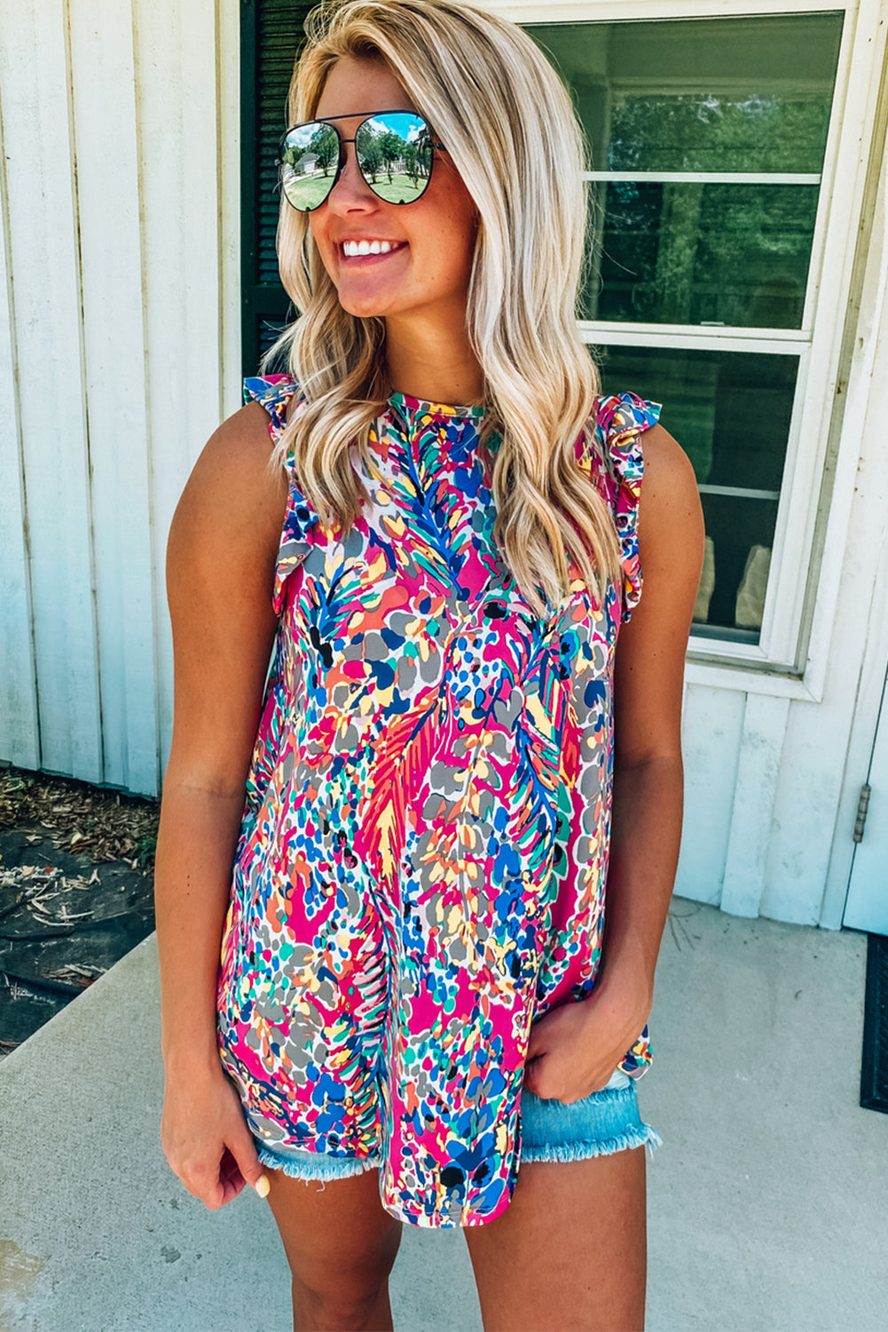 Floral Print Tank Top with Ruffles